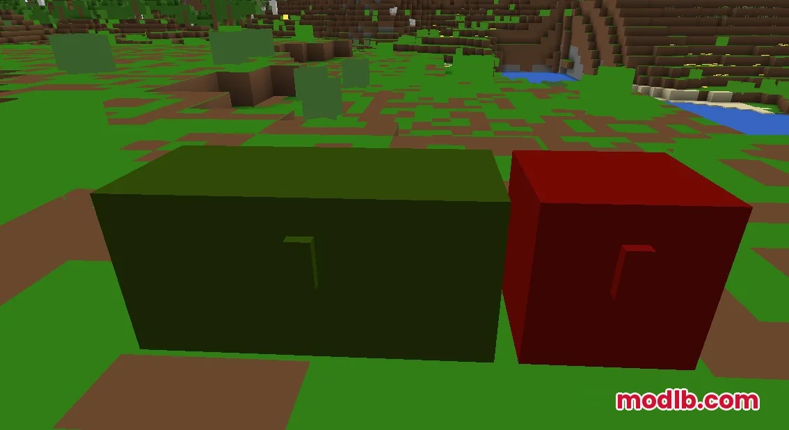 1x1 Ultimate Resource Pack Screenshot 1 Green and red chests in a world using 1x1 Ultimate Resource Pack