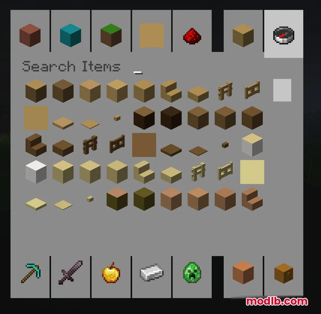 1x1 Ultimate Resource Pack Screenshot 2 Minecraft inventory screen showing various items represented by single solid color textures