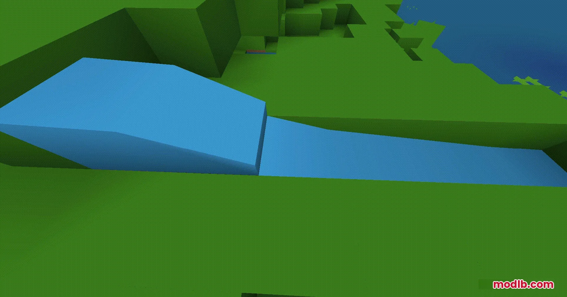 1x1 Ultimate Resource Pack Screenshot 7 A stream of blue water flows through a green terrain with solid colors