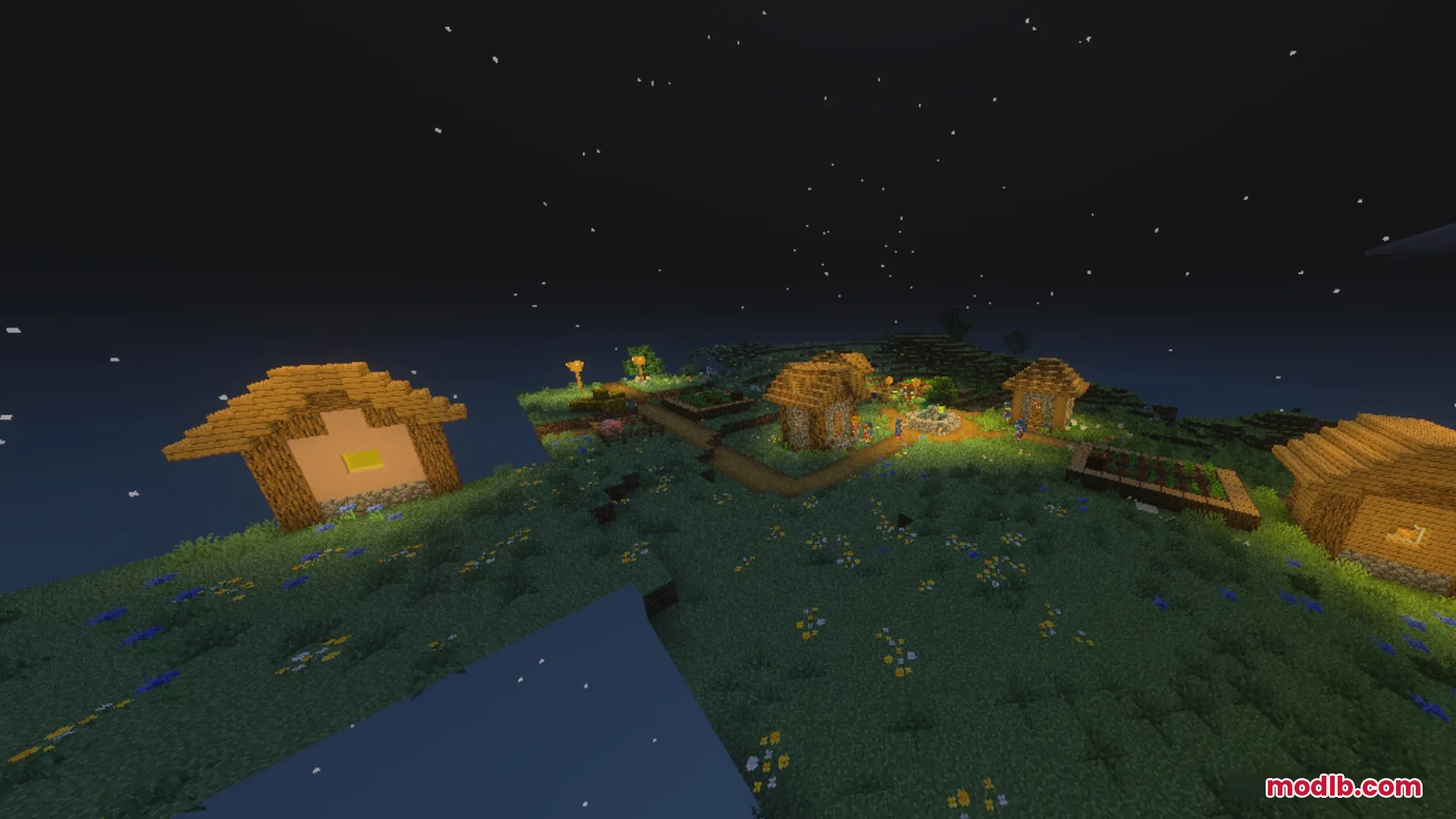 A peaceful village at night with warm lighting and a clear starry sky