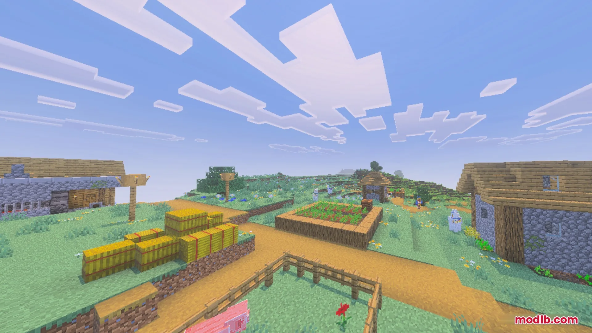 A bright Minecraft village featuring soft shadows and realistic atmospheric cloud details