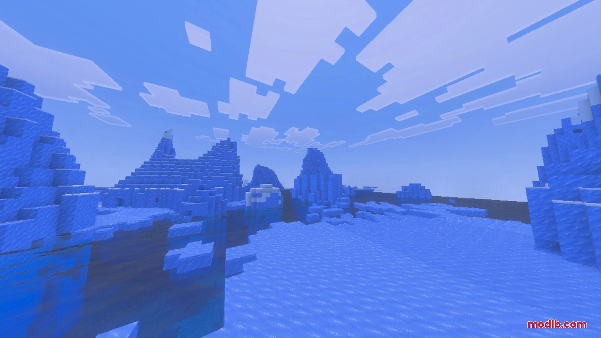 A scenic frozen biome with massive ice spikes under a realistic sky