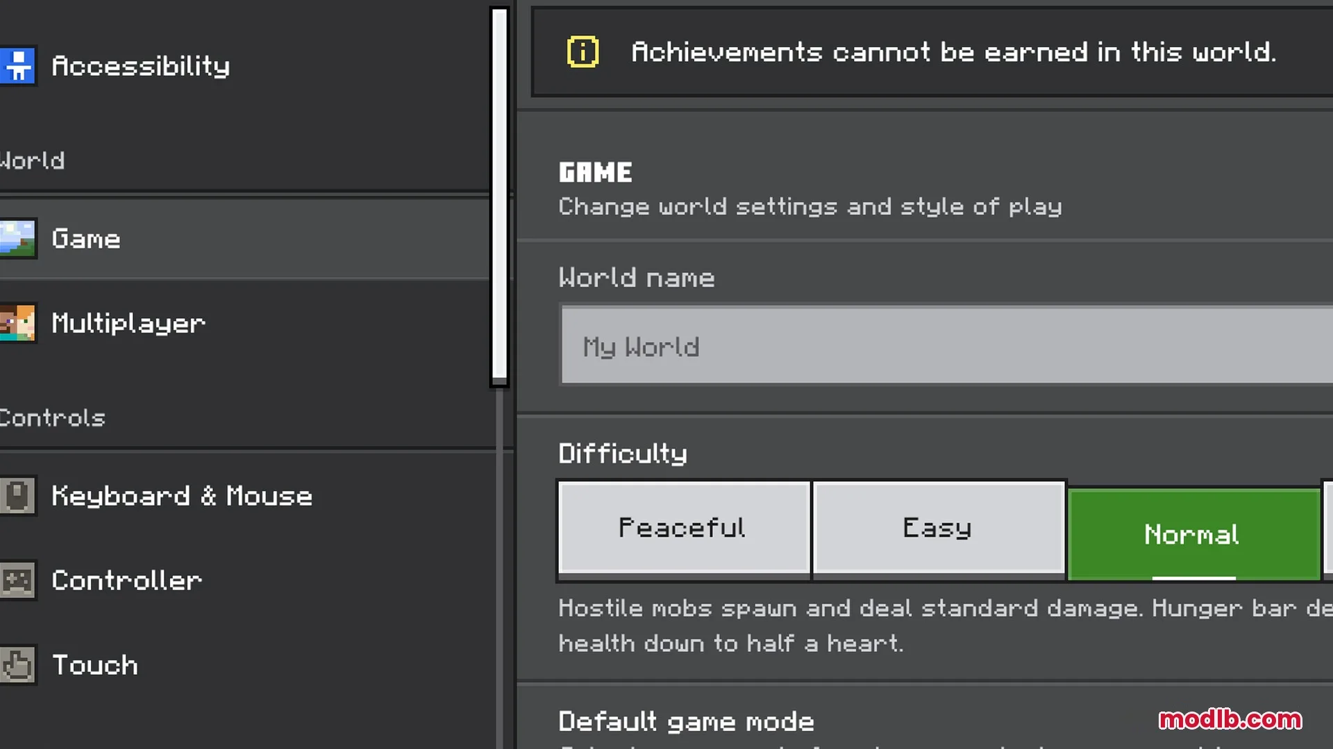 Minecraft Bedrock settings menu showing world name and difficulty selection screen