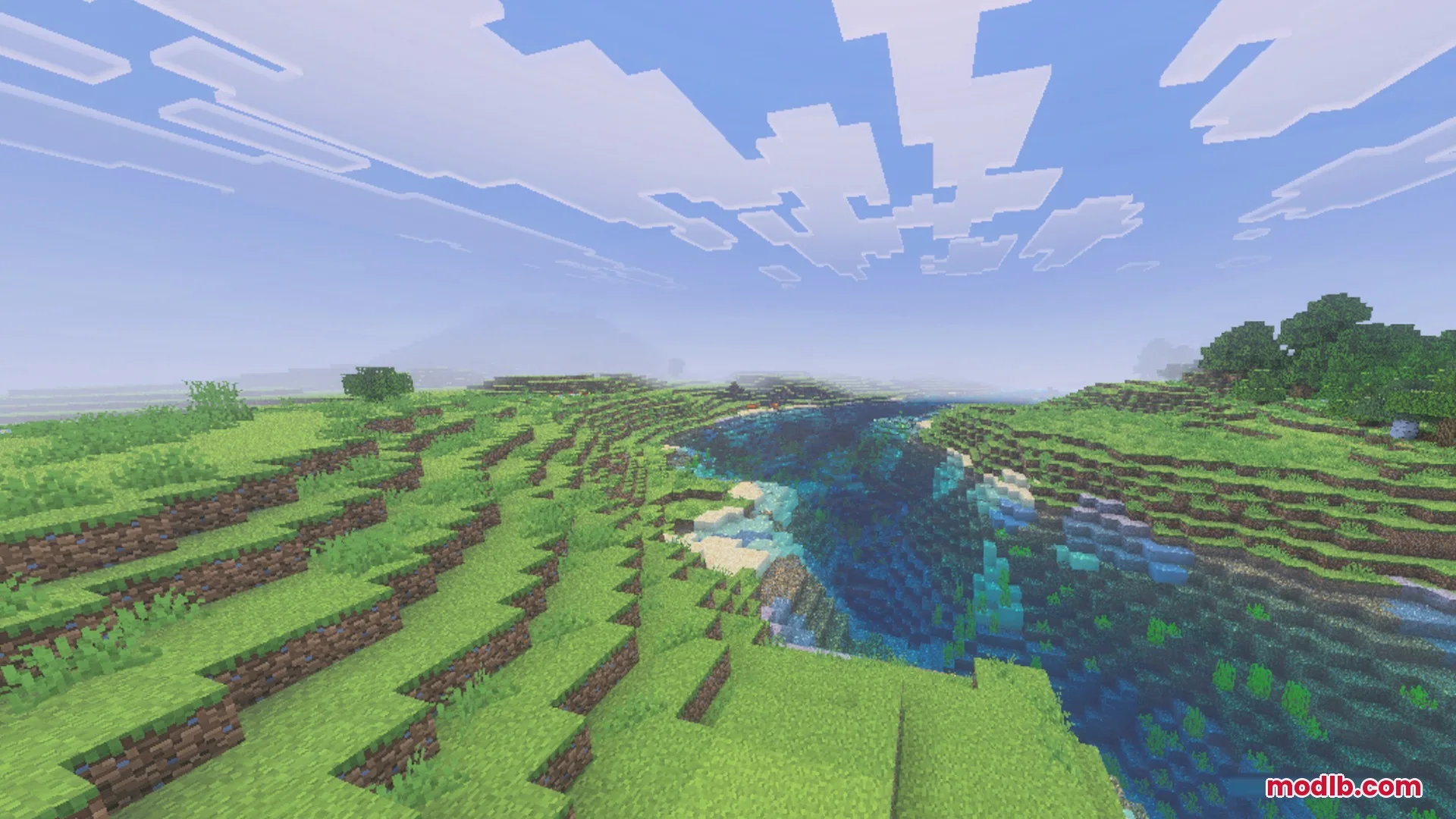 Scenic Minecraft landscape with rolling green hills and clear blue water under clouds