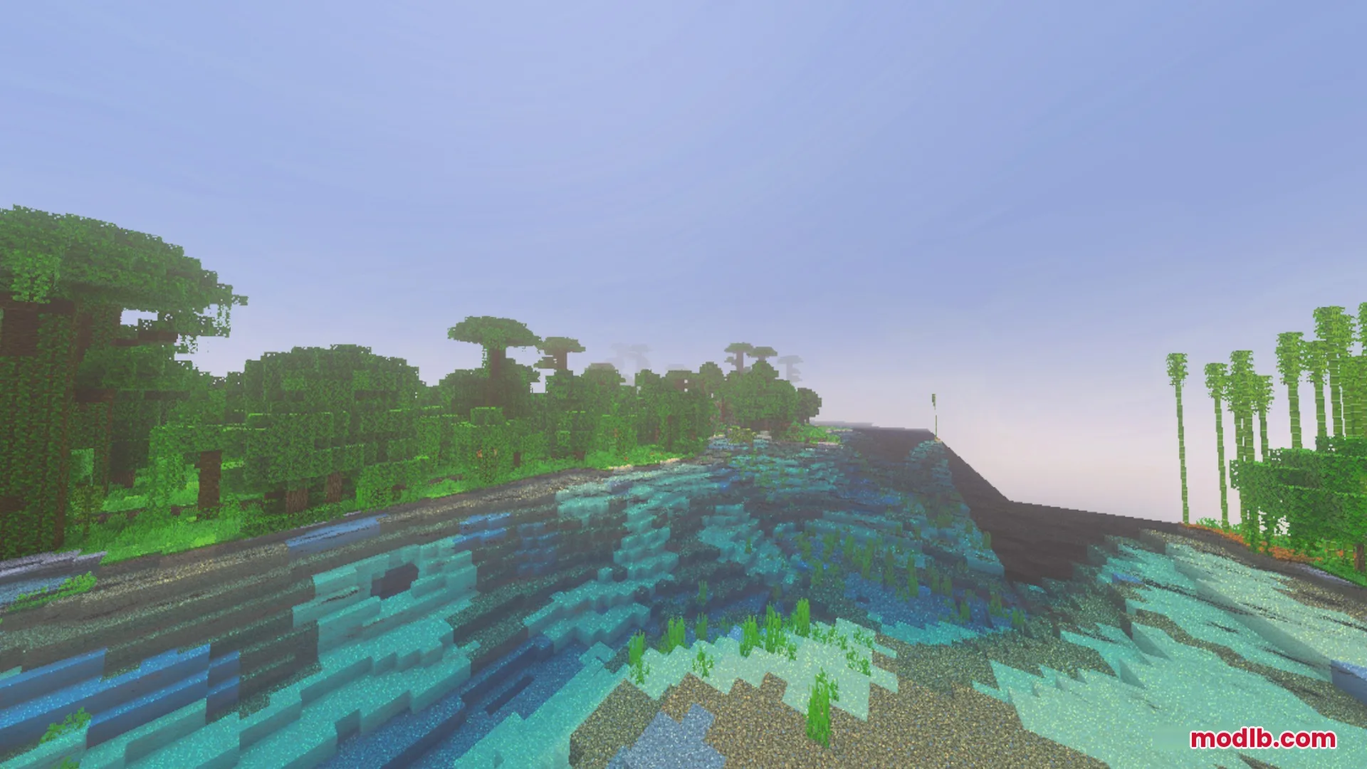 Lush jungle biome next to a river with realistic water and fog