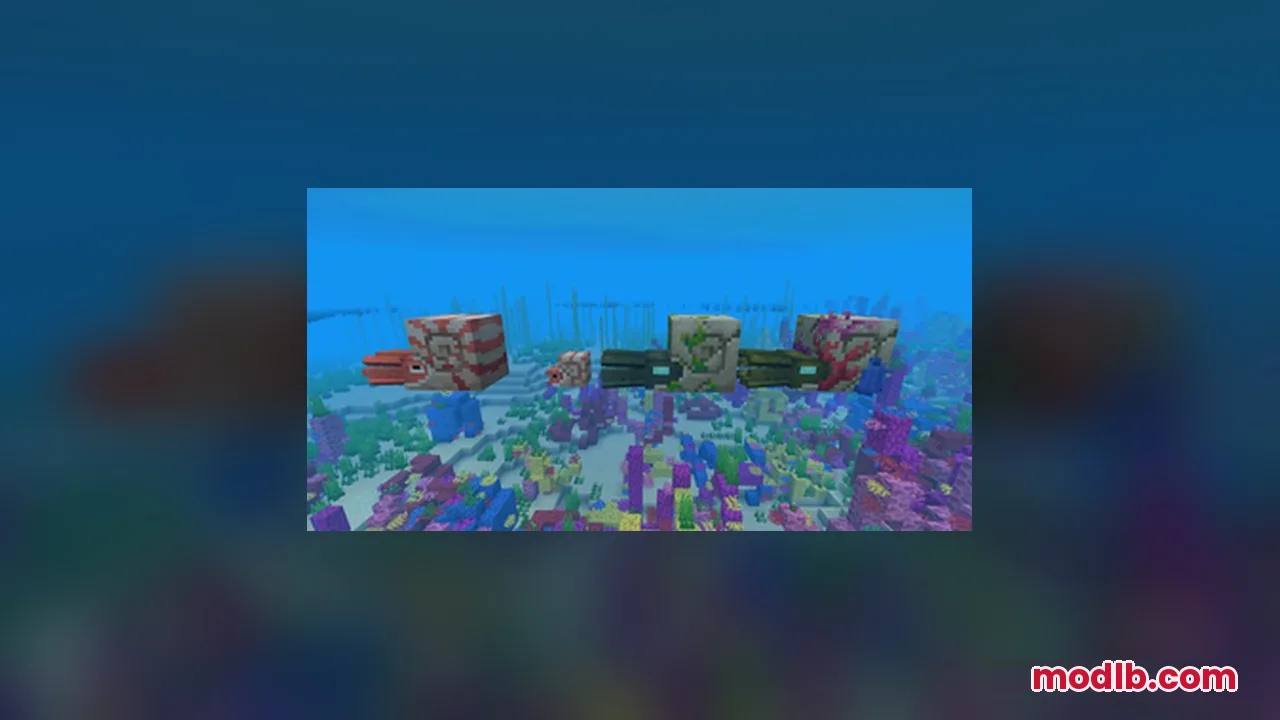 Different nautilus and ammonite mob variants swimming in a vibrant coral reef