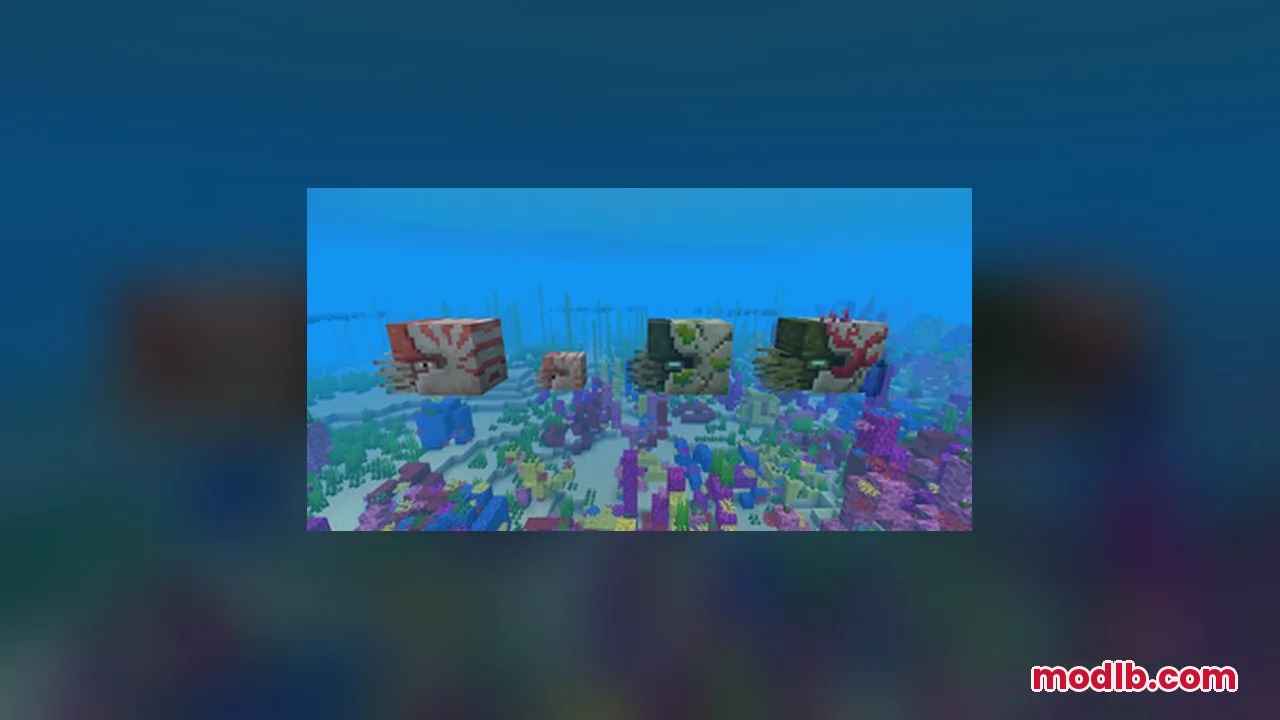 Various nautilus variants swimming together in a colorful coral reef biome
