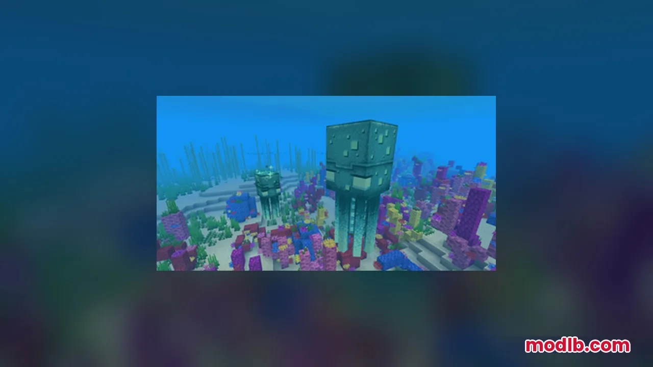 A giant glow squid variant swimming through a colorful coral reef biome