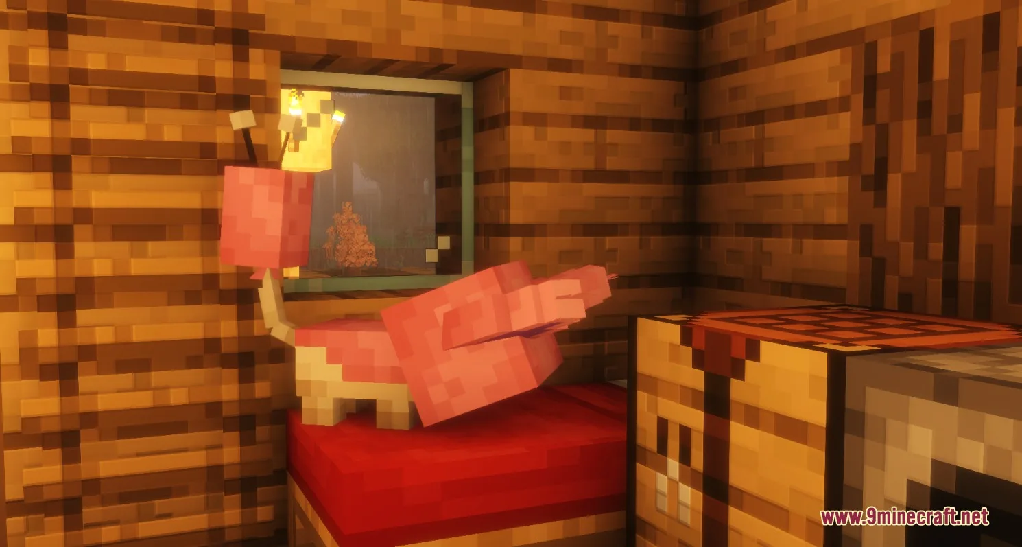 All the Mons Cobblemon Resource Pack Screenshot 4 A pink blocky creature sitting on a red bed in a wooden room