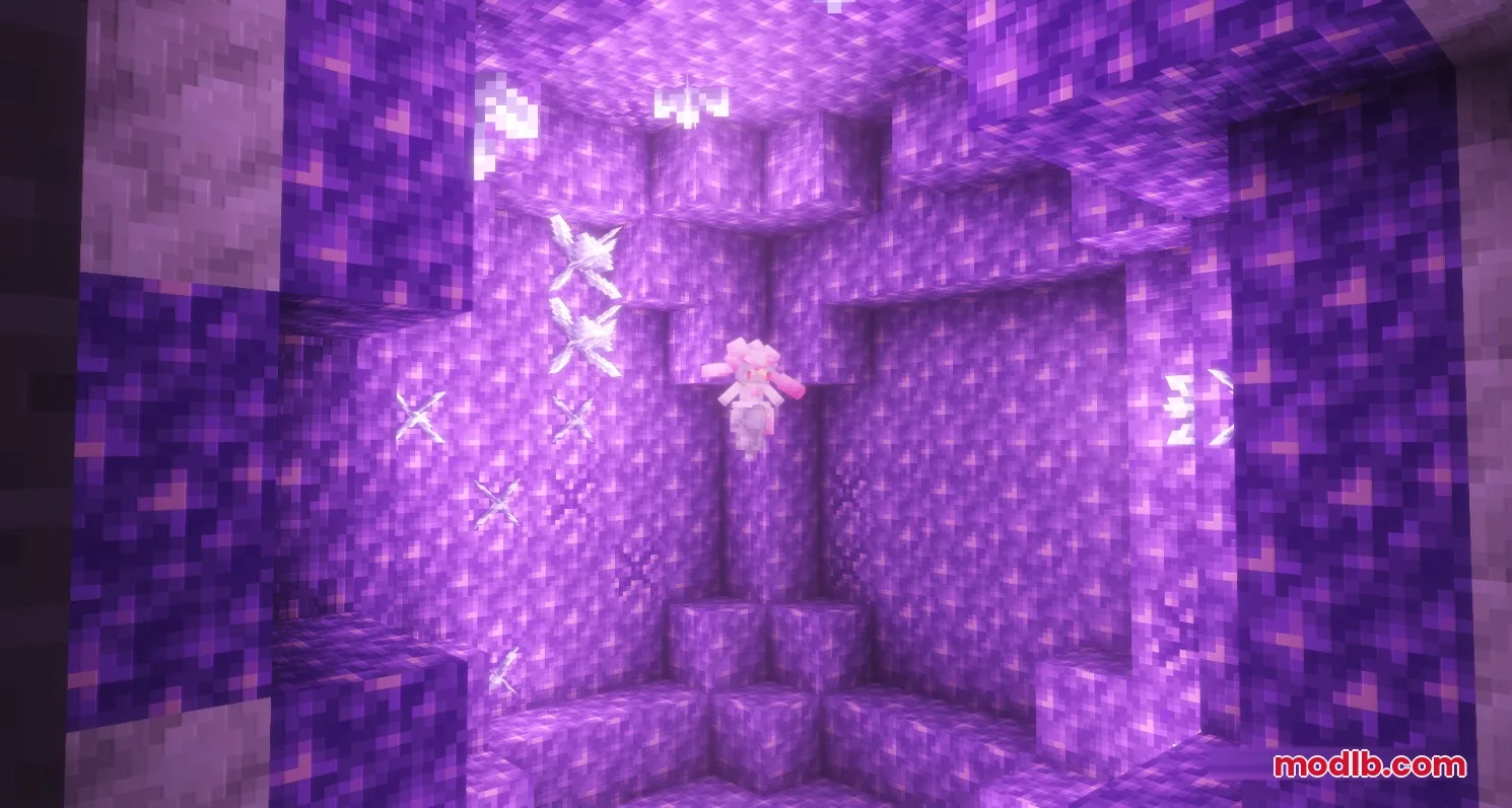 All the Mons Cobblemon Resource Pack Screenshot 6 A pink Diancie Pokemon floating inside a glowing purple amethyst geode cave
