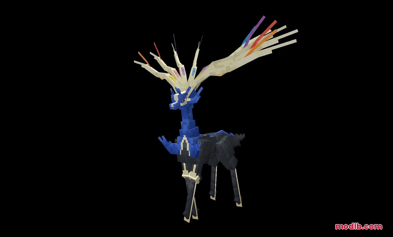All the Mons Cobblemon Resource Pack Screenshot 2 Detailed Minecraft Xerneas model with colorful antlers on a black background