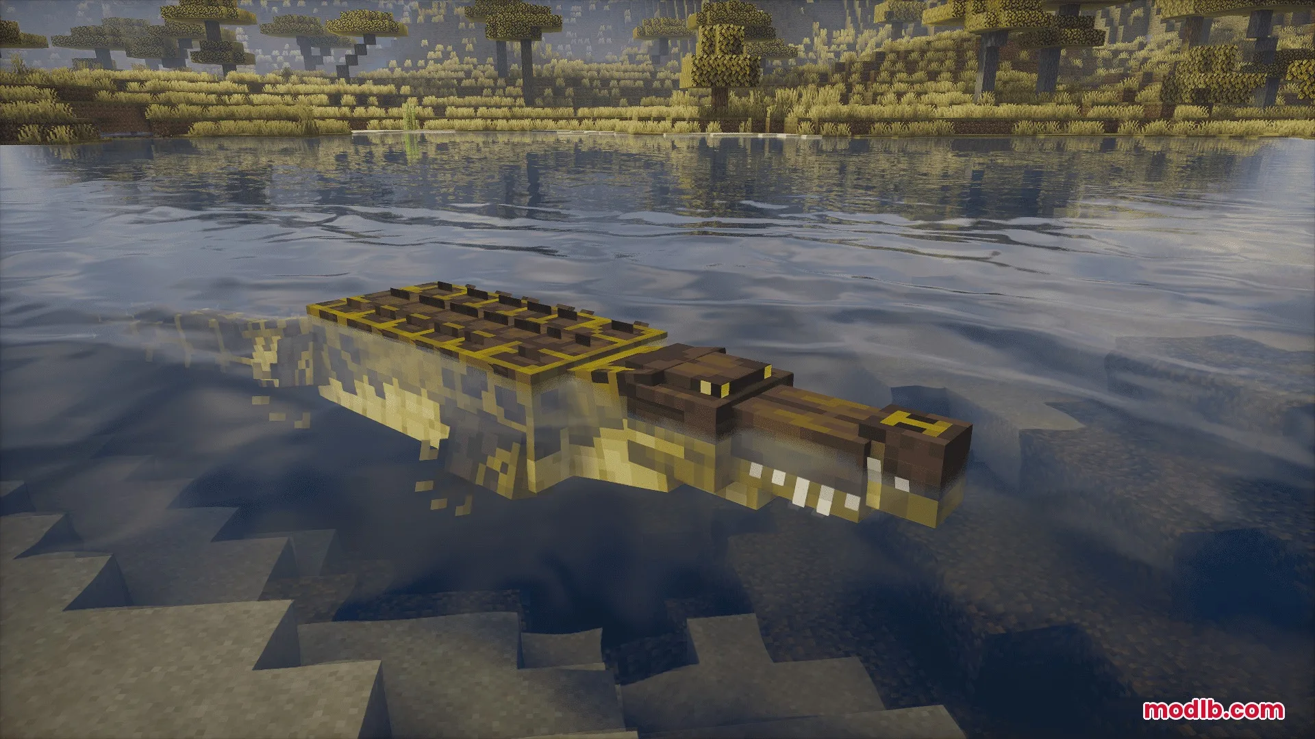 Animalia Exotica Mod Screenshot 3 A large brown crocodile swimming through clear water in a savanna biome