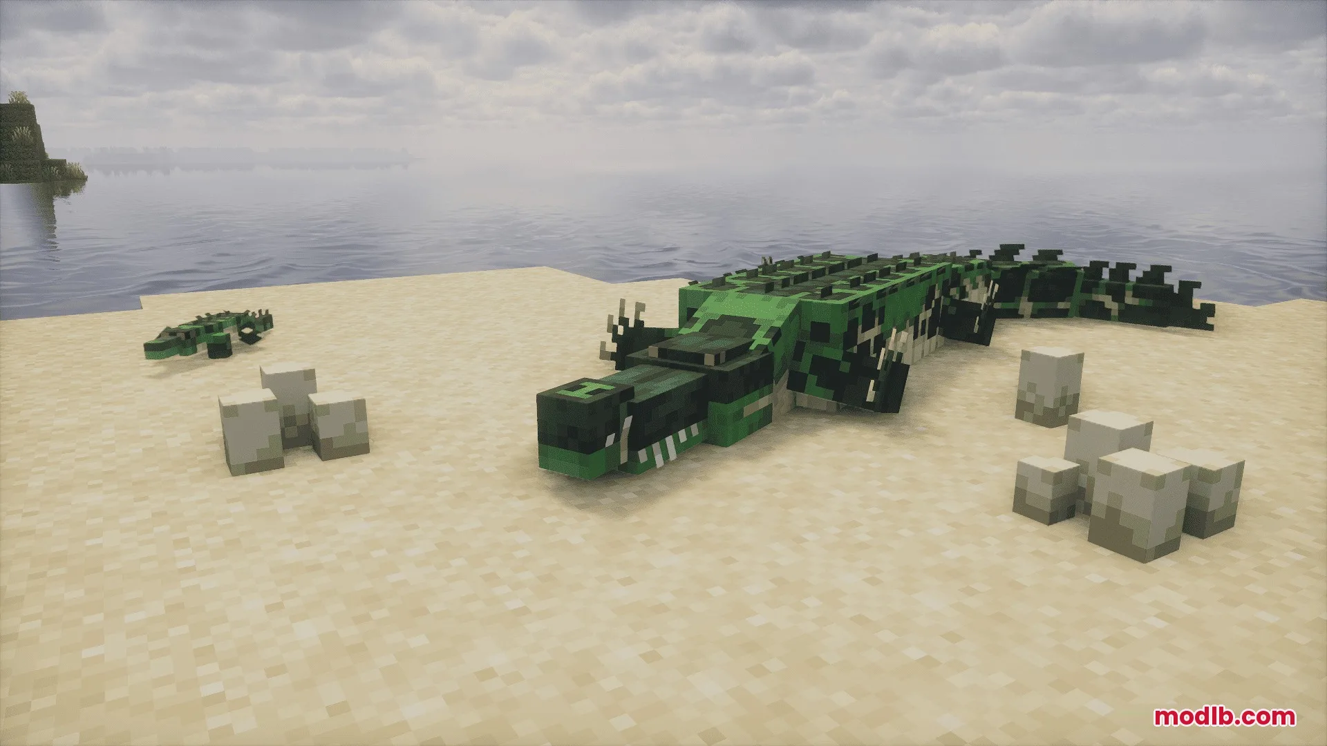 Animalia Exotica Mod Screenshot 4 A green crocodile resting on a sandy beach with eggs and its baby