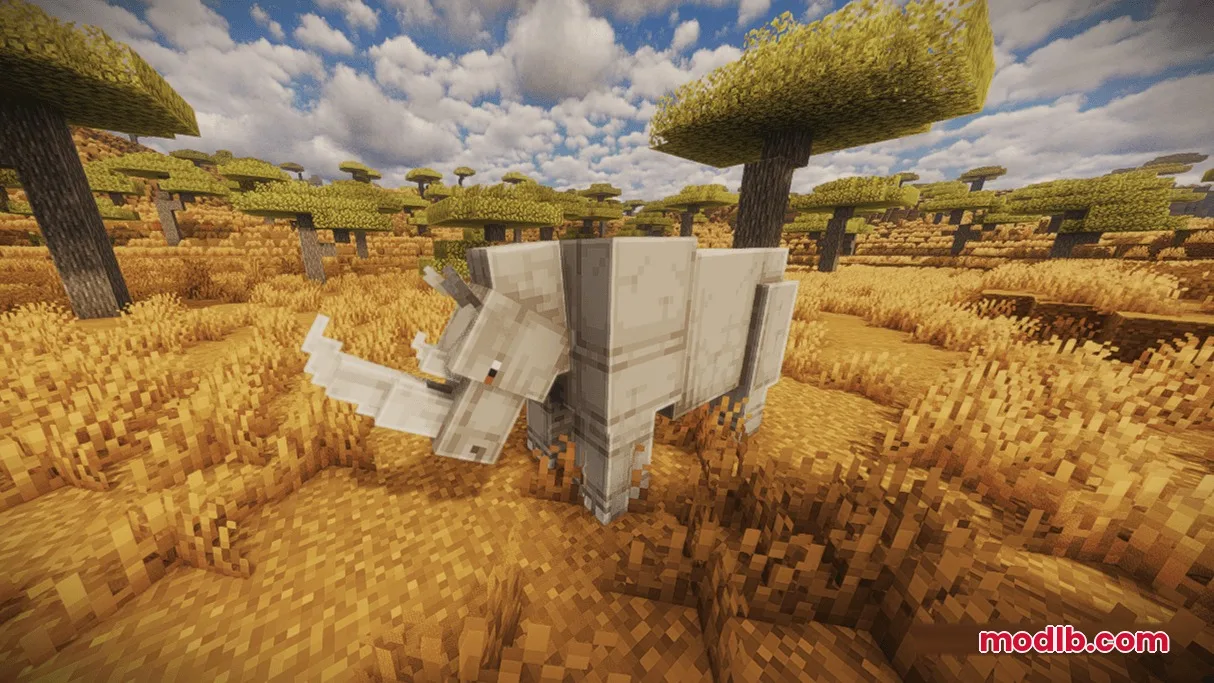 Animalia Exotica Mod Screenshot 7 A large white rhinoceros standing in a grassy savanna biome with acacia trees