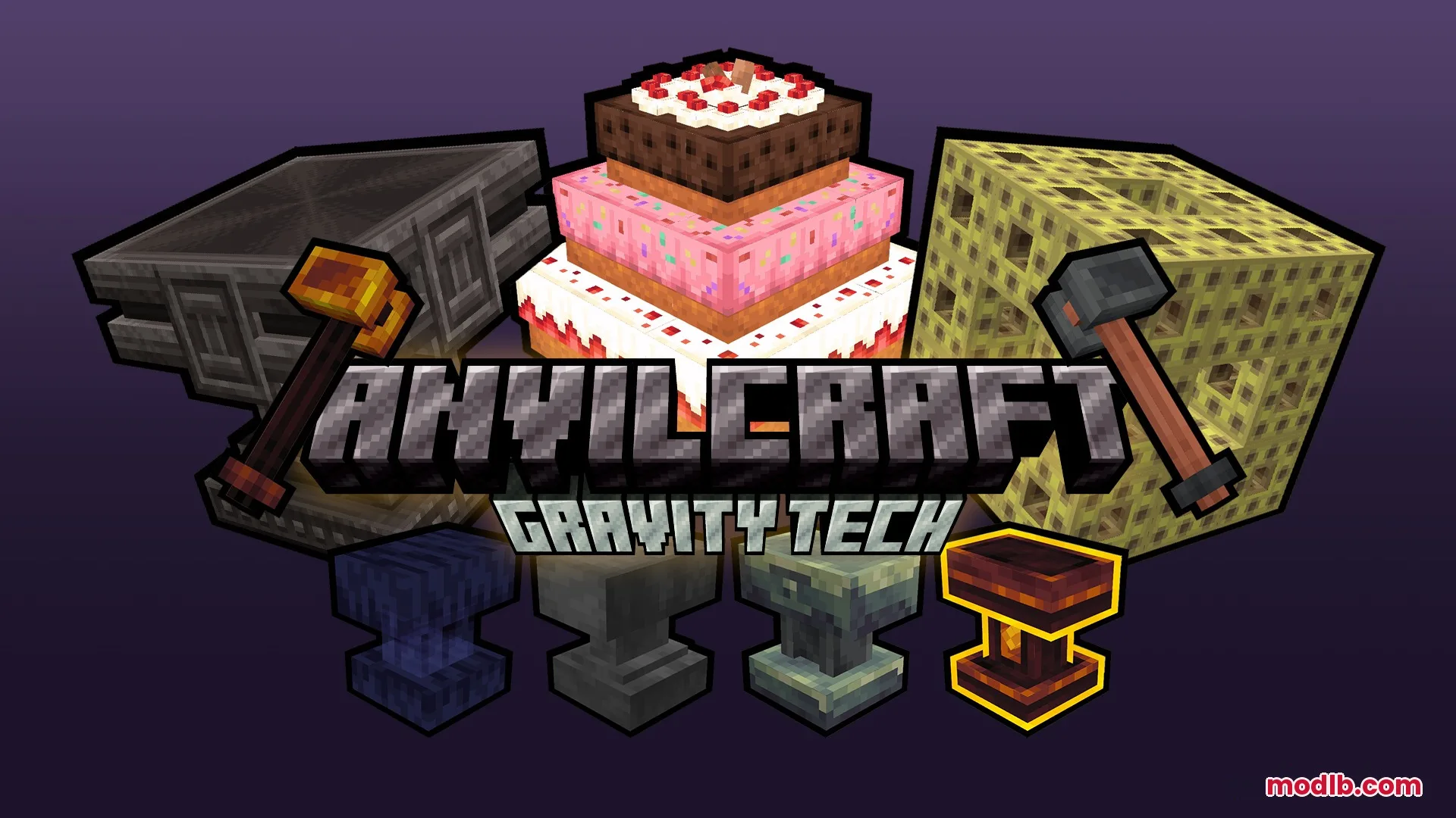 Anvil Craft Mod Screenshot 2 Promotional banner for AnvilCraft Gravity Tech showing various anvils and hammers