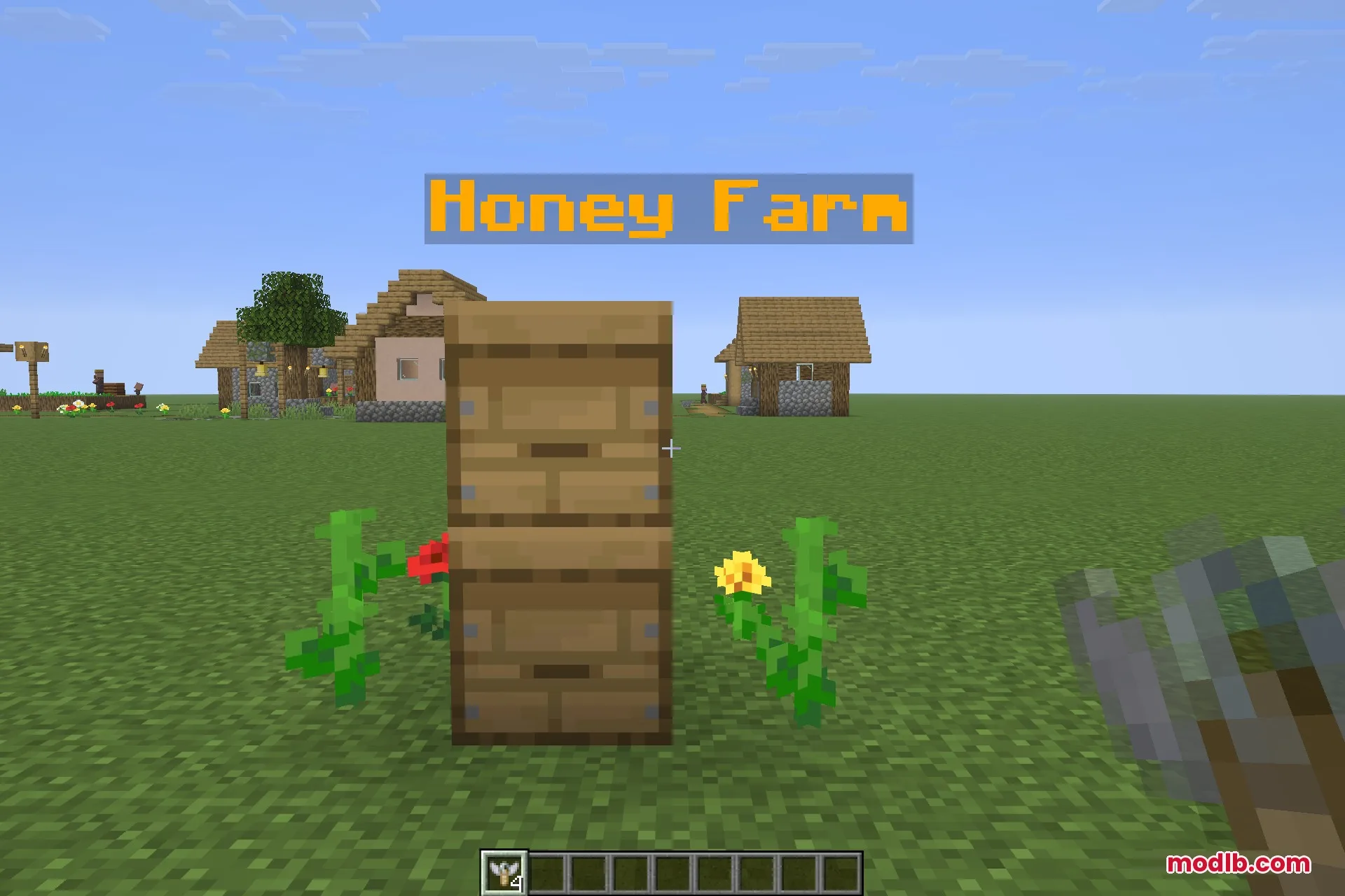 A close-up of a beehive labelled Honey Farm
