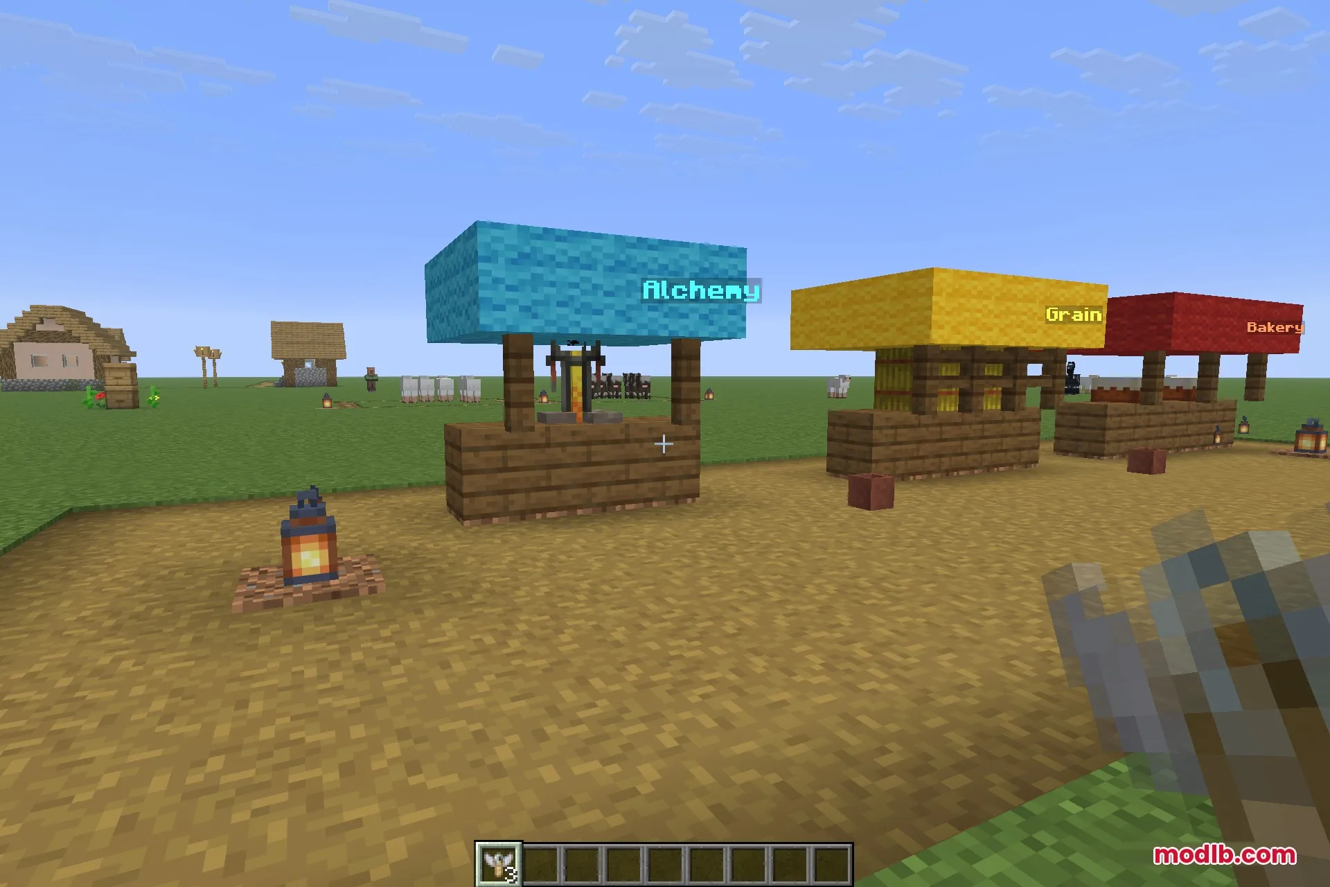 Three market stalls, each with its own coloured label floating above the counter