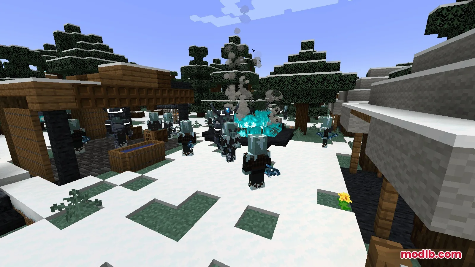 Arcane Overgrowth Mod Screenshot 3 Blue ice mobs gather around a soul campfire in a snowy village