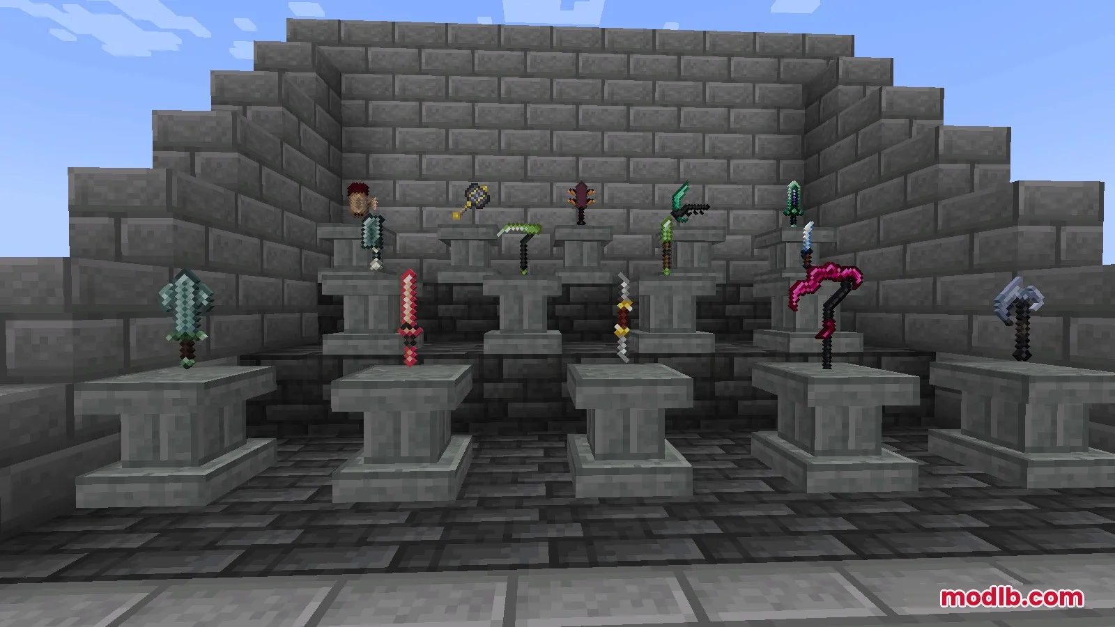 Arcane Overgrowth Mod Screenshot 2 Custom magical weapons and scythes displayed on pedestals in a stone room