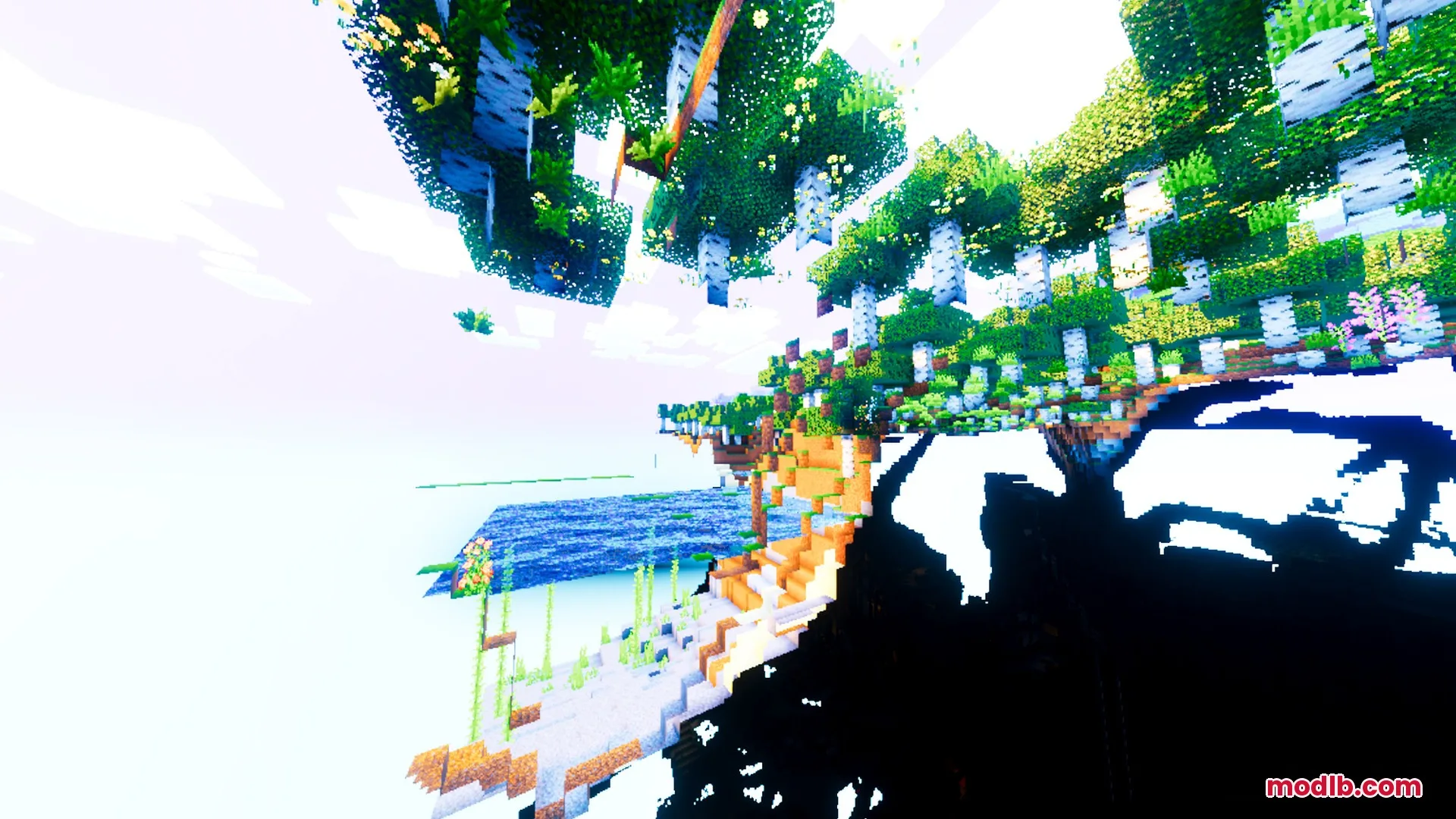 Lush floating islands with birch trees under a bright and saturated sky