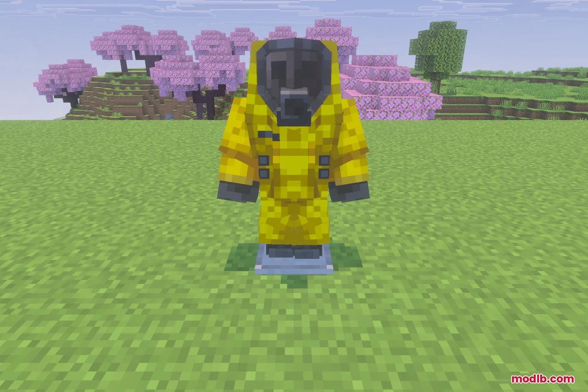 BACKROOMS THE FORGOTTEN COMPLEX Addon Screenshot 4 A player wearing a protective yellow hazmat suit stands in a cherry blossom forest