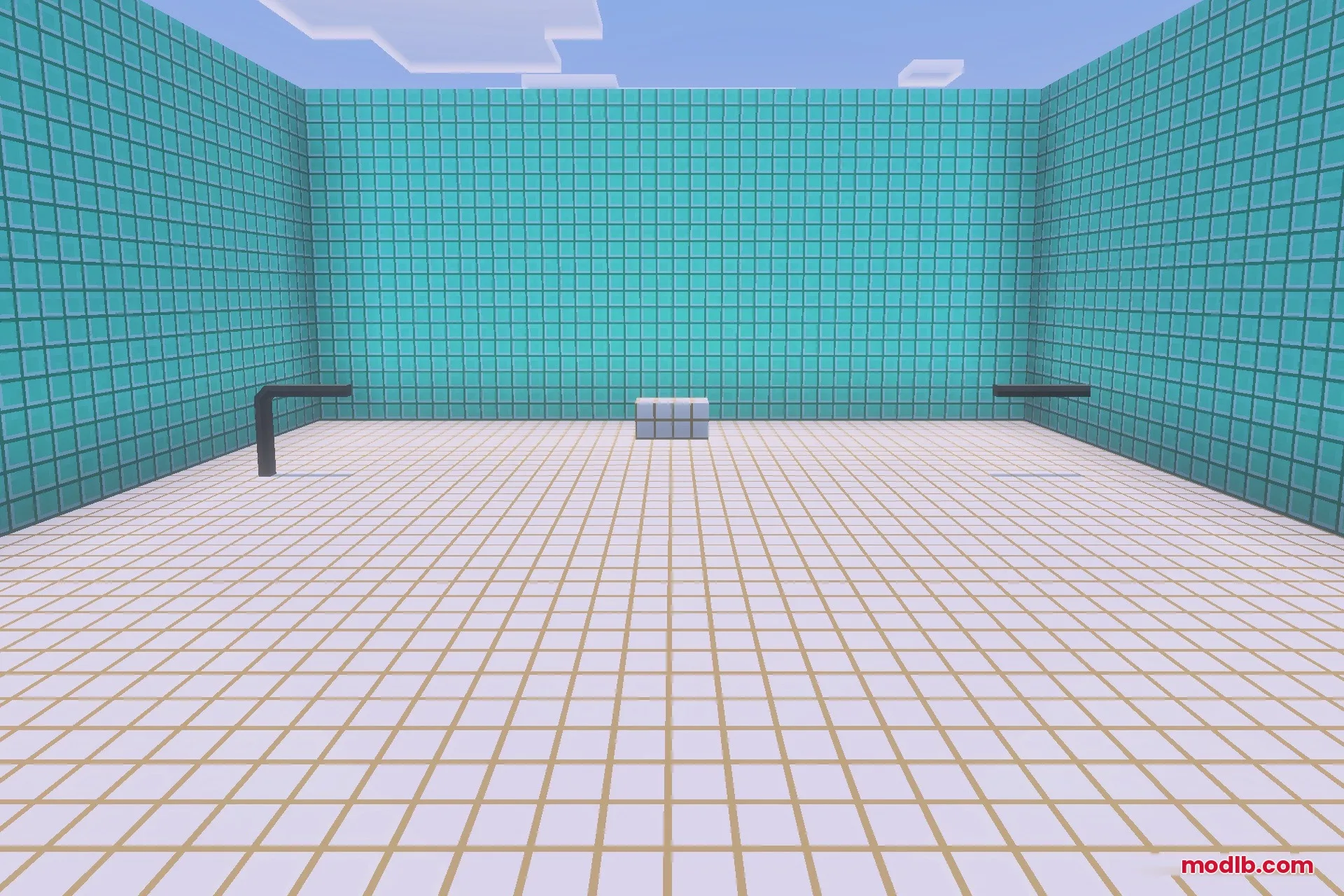 BACKROOMS THE FORGOTTEN COMPLEX Addon Screenshot 2 An empty room with blue tiled walls and white tiled floors in Minecraft