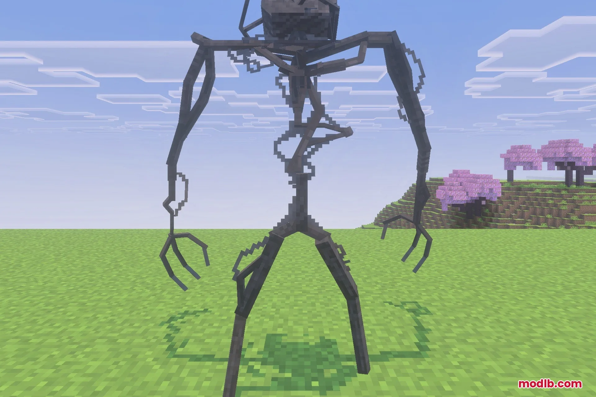 BACKROOMS THE FORGOTTEN COMPLEX Addon Screenshot 5 A tall spindly Bacteria entity stands in a grassy Minecraft field