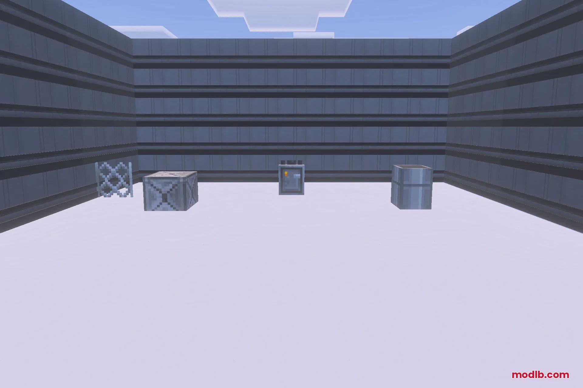 BACKROOMS THE FORGOTTEN COMPLEX Addon Screenshot 3 A sterile white room with grey striped walls and various industrial items