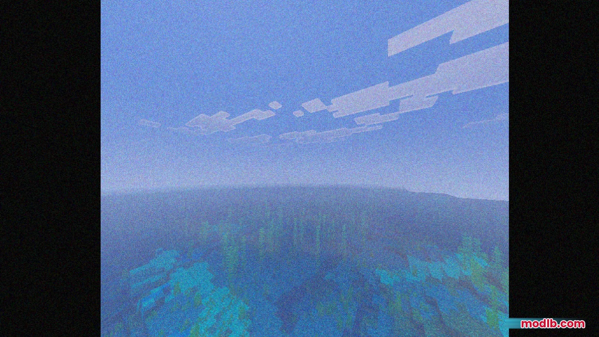 Bedrock VHS Shader Screenshot 1 A grainy view of a Minecraft ocean with kelp under a blue sky