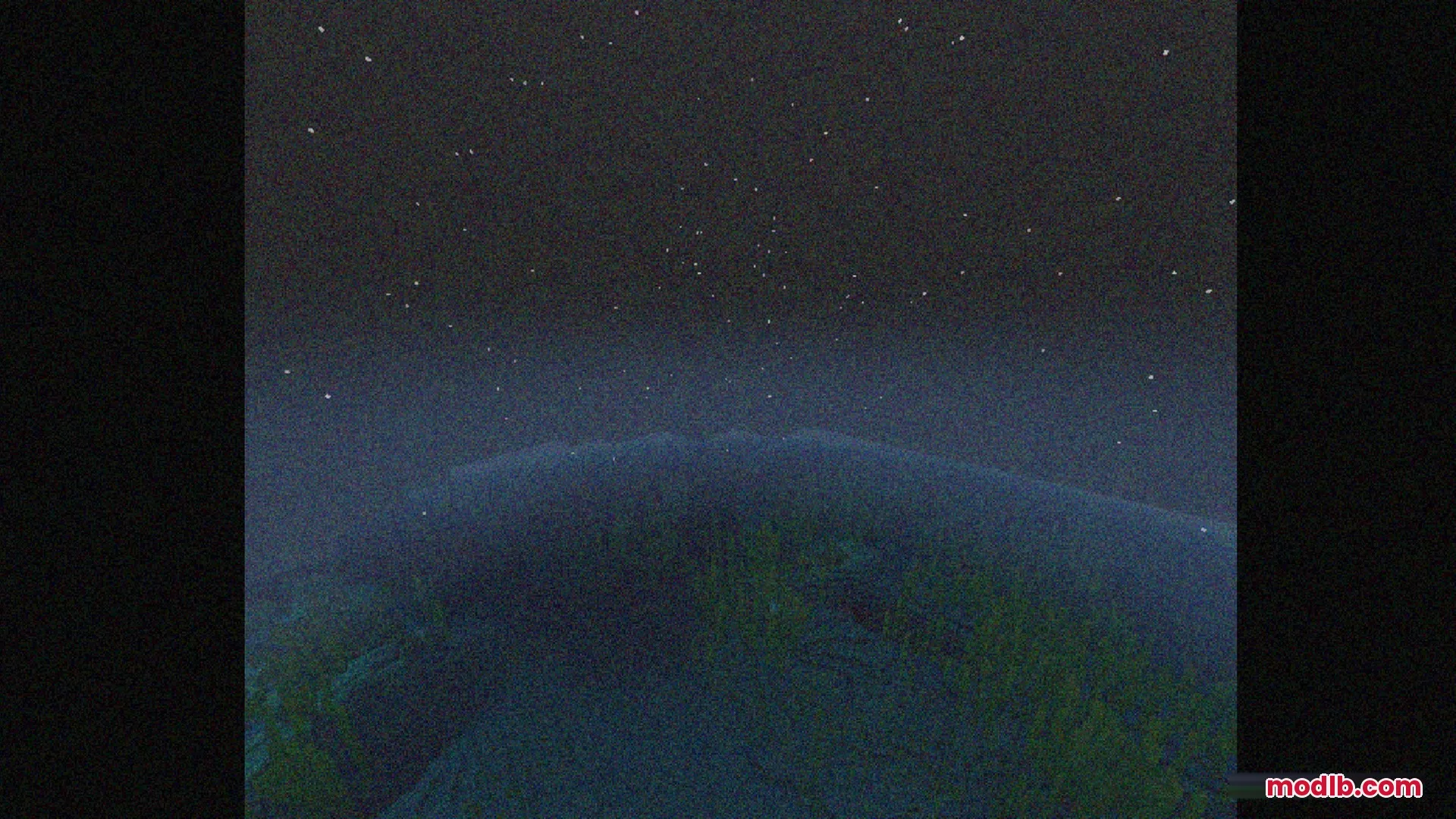 Bedrock VHS Shader Screenshot 4 Starry night sky over a dark landscape with a vintage tape visual style
