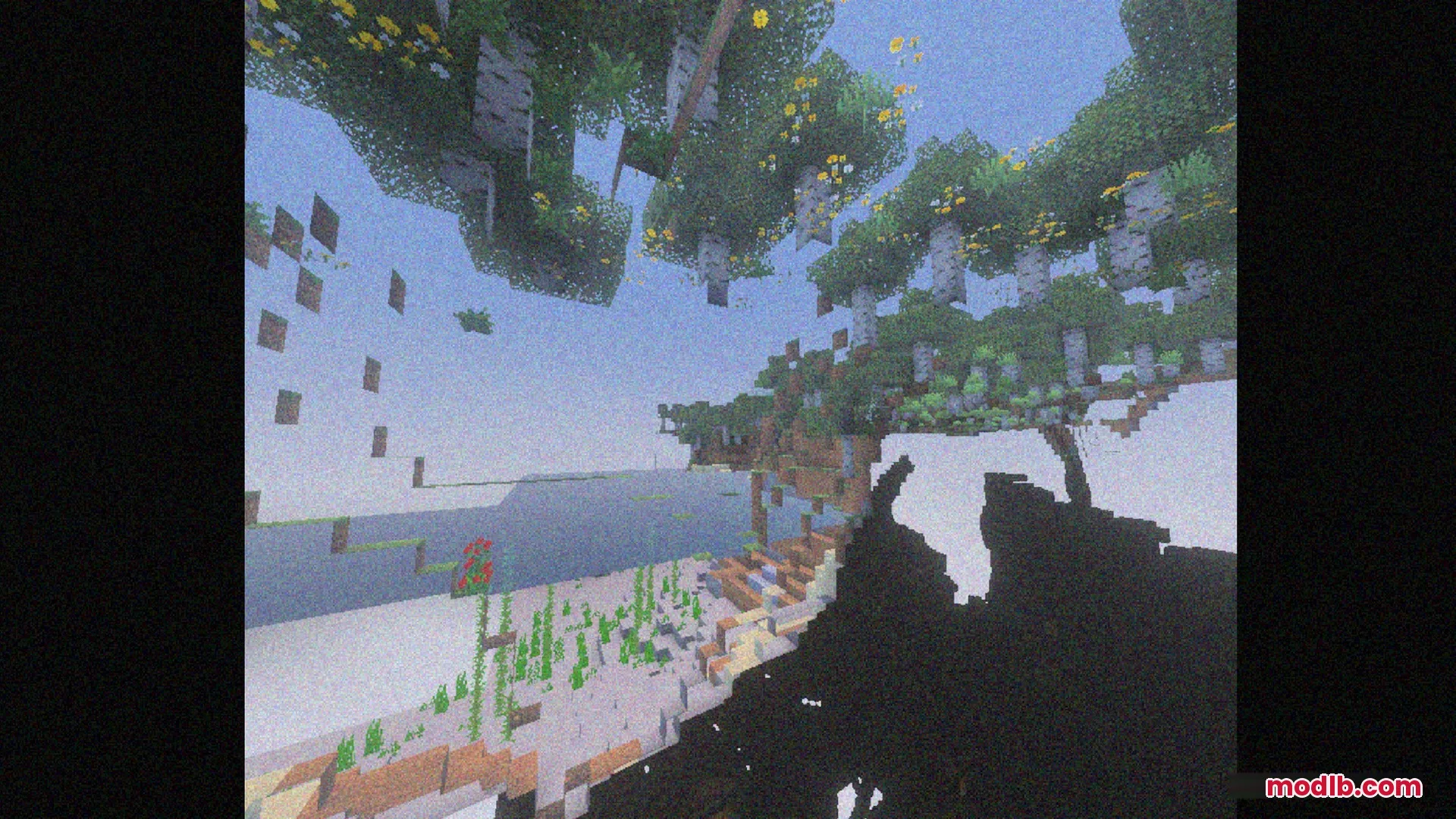 Bedrock VHS Shader Screenshot 3 Grainy retro filter applied to a Minecraft landscape with floating islands and trees