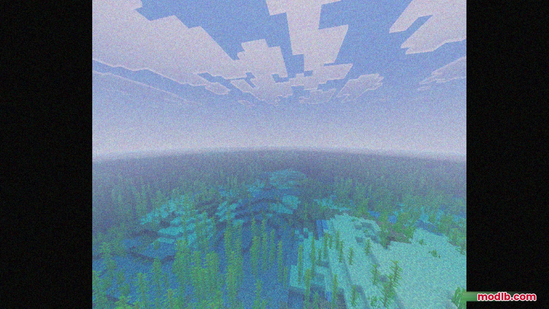 Bedrock VHS Shader Screenshot 5 Underwater kelp and coral reefs seen through a grainy VHS video filter