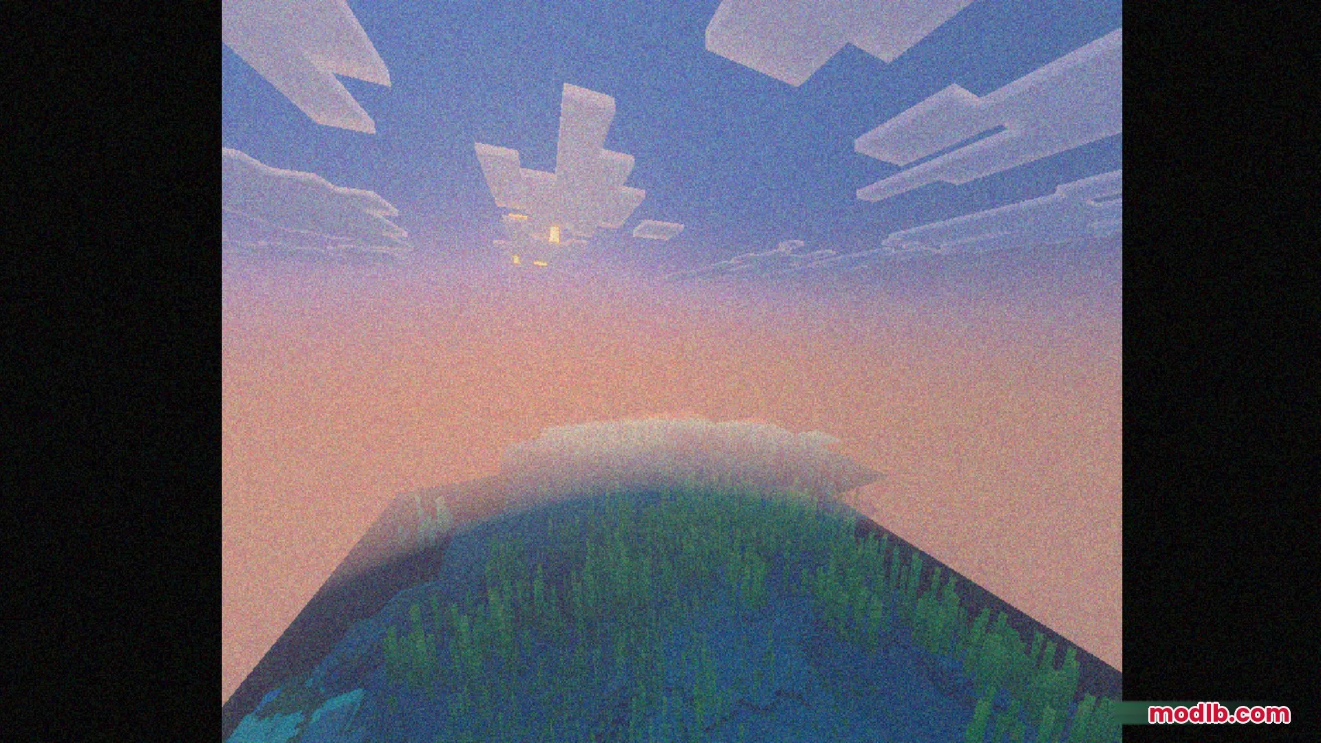 Bedrock VHS Shader Screenshot 2 Sunset over a Minecraft ocean with a heavy retro video grain effect