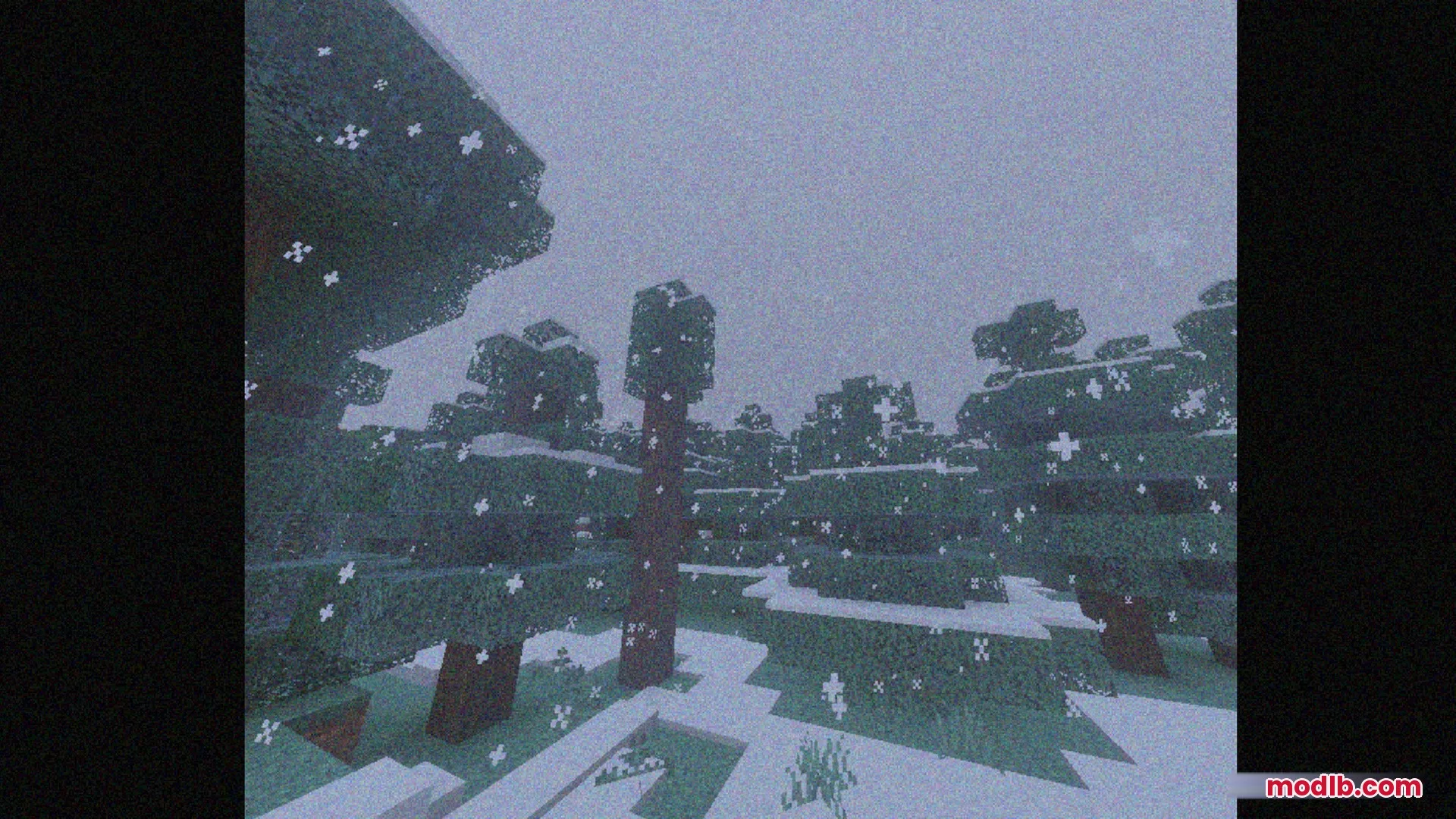 Bedrock VHS Shader Screenshot 10 Snowy pine forest landscape with a vintage square television screen border effect