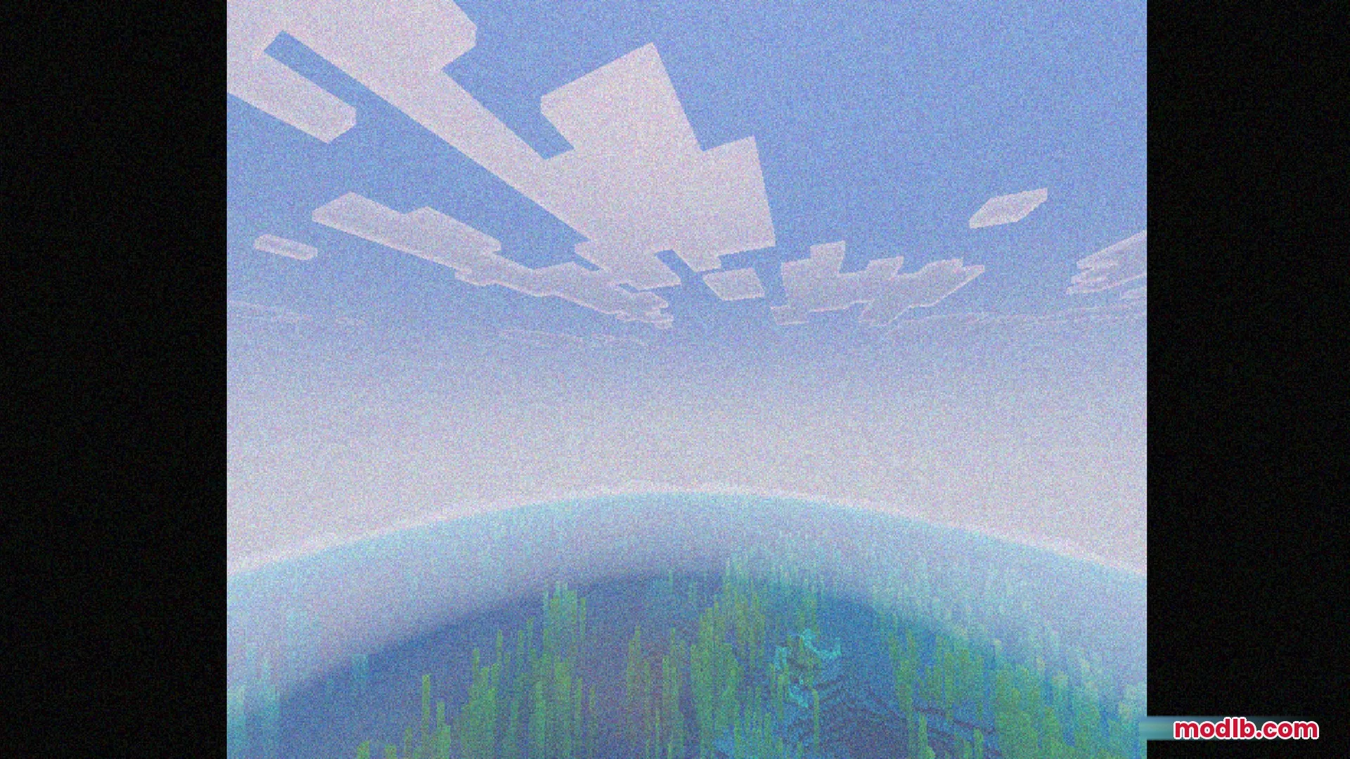 Bedrock VHS Shader Screenshot 6 A vast Minecraft ocean landscape with a retro video tape visual effect