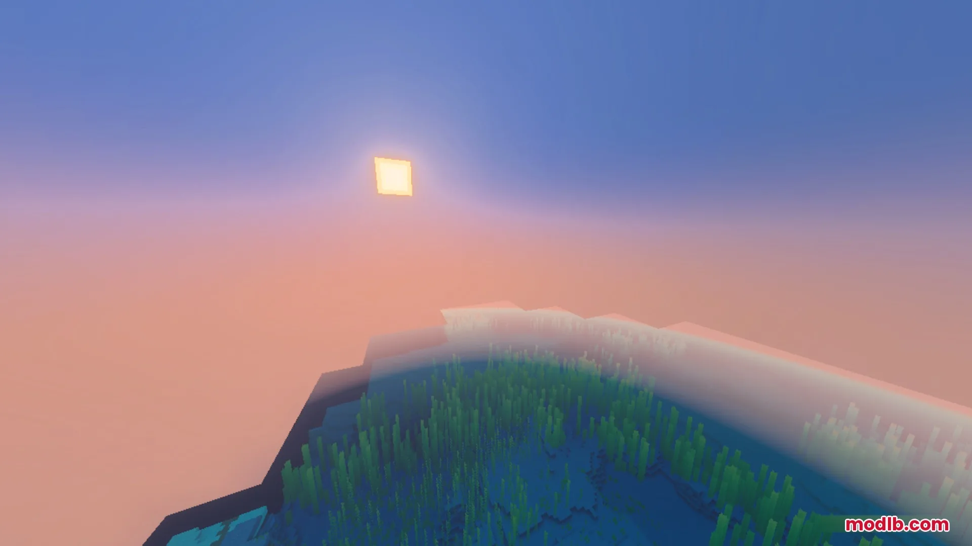 The square sun sets over a vast ocean with green kelp visible