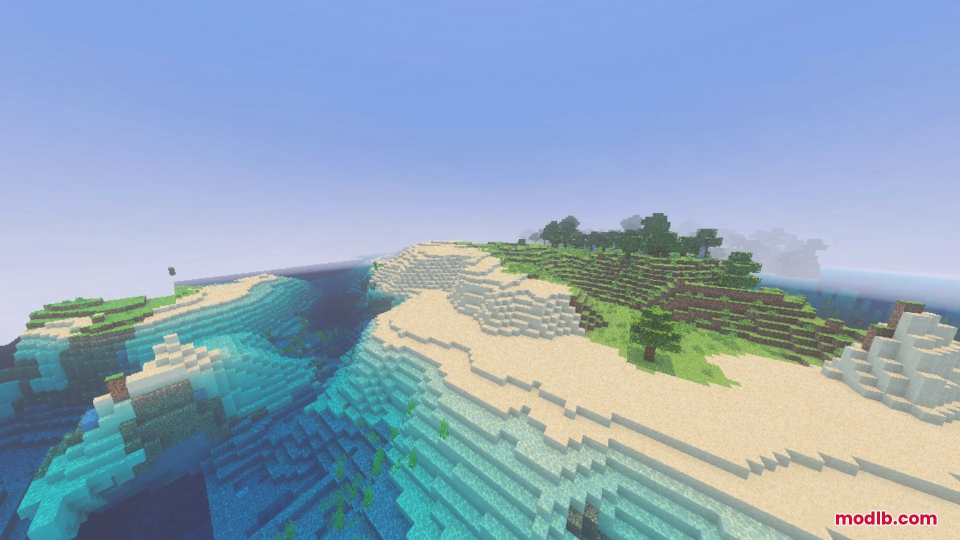 Realistic water textures and sandy beaches under a bright Minecraft sky