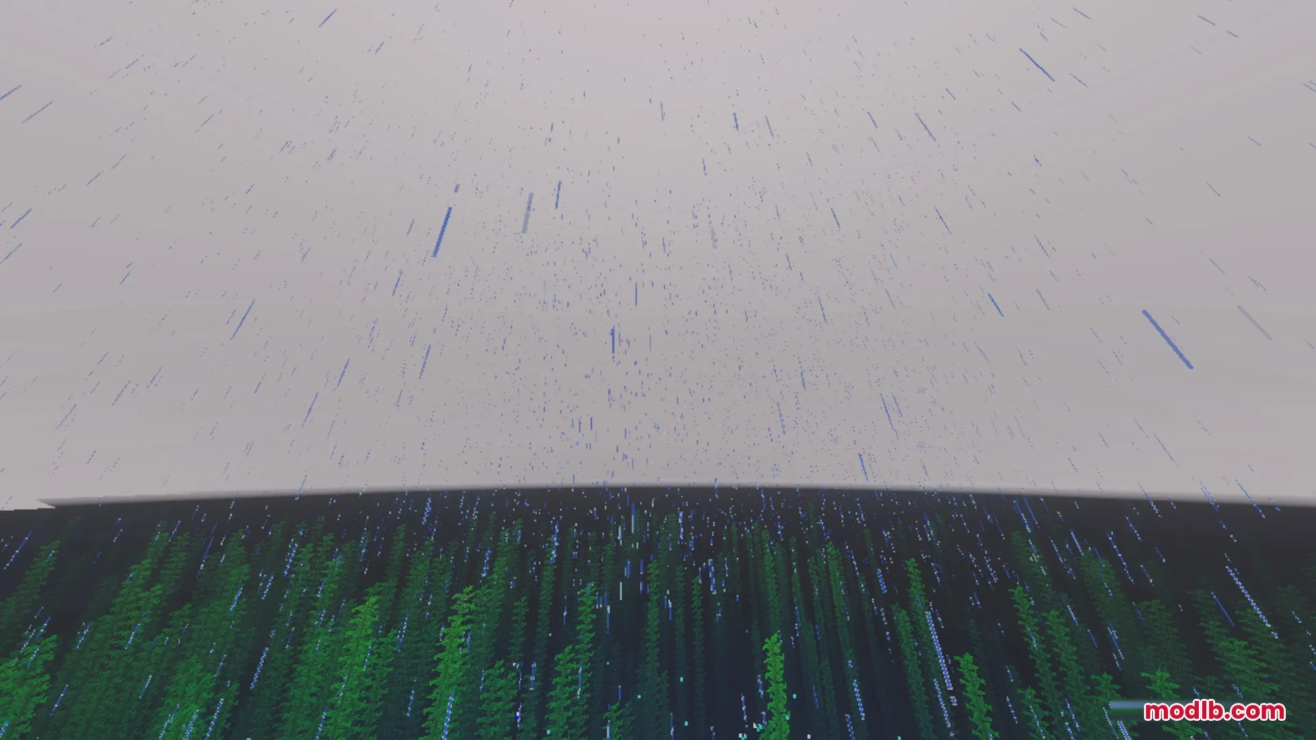 Rain falls over the ocean while kelp sways beneath the water surface