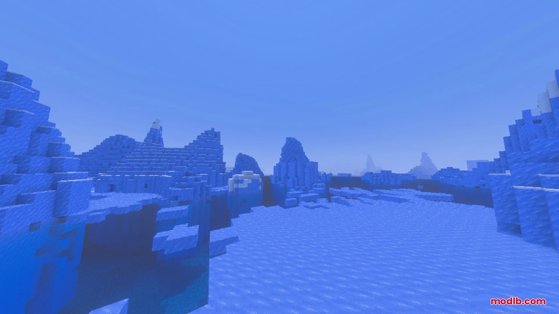 Vast frozen ocean landscape with large blue ice spikes and snowy ground