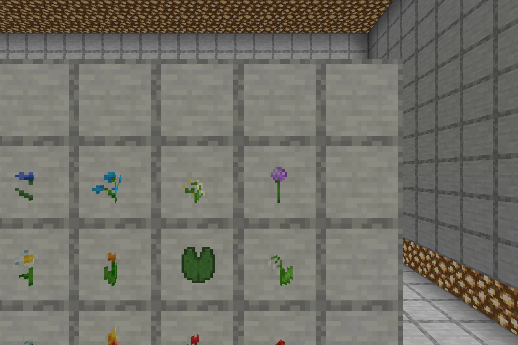 Detailed view of 3D flower models and a lily pad in item frames
