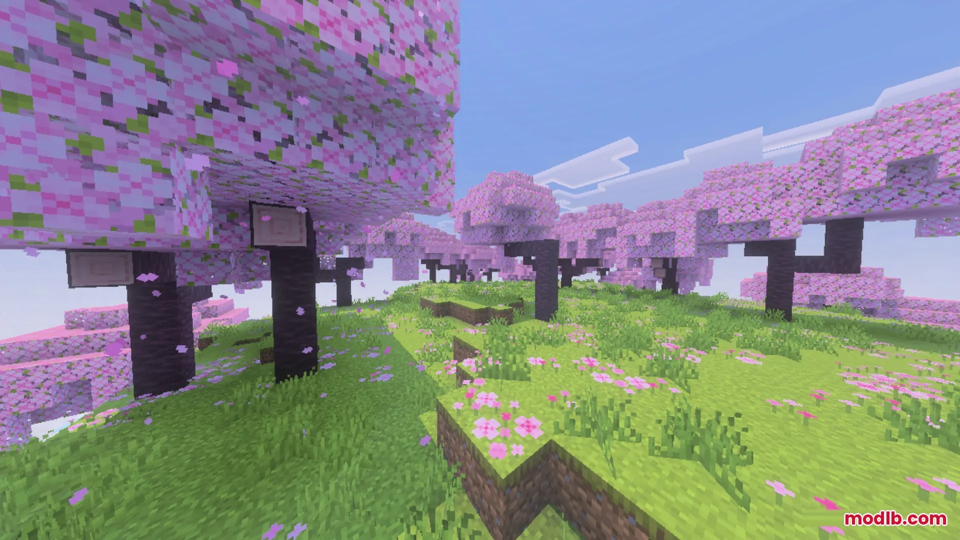 Better Waving Leaves Shader Screenshot 5 Cherry blossom trees with pink leaves and flowers swaying in a grassy field