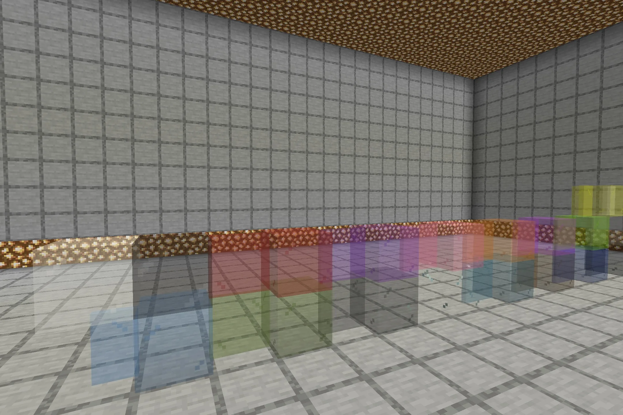 BorderlessGlass Resource Pack Screenshot 3 Stained glass blocks showing the borderless effect inside a stone room