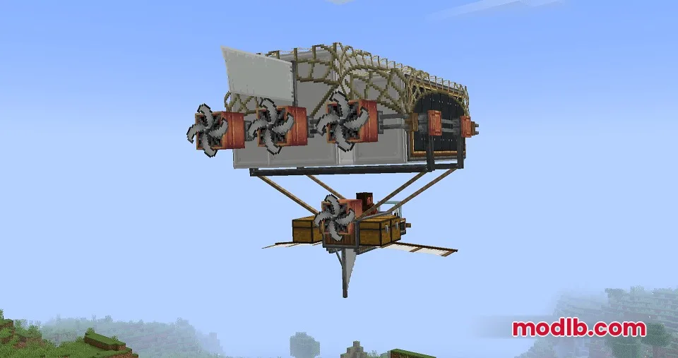 Brassbound Dreadnoughts Resource Pack Screenshot 6 Side view of a mechanical airship featuring propellers and industrial machinery parts