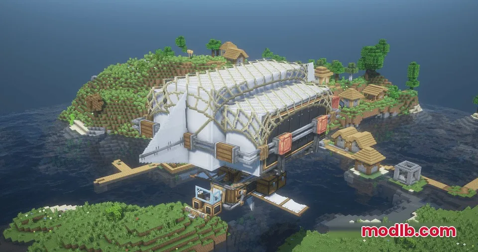 Brassbound Dreadnoughts Resource Pack Screenshot 8 An industrial warship with white sails and andesite casing flies over a village