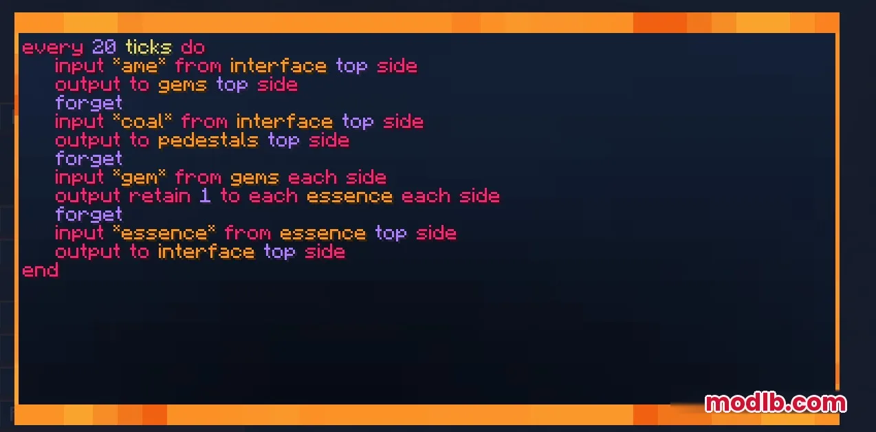 A script interface showing automation logic for items and essence in Minecraft