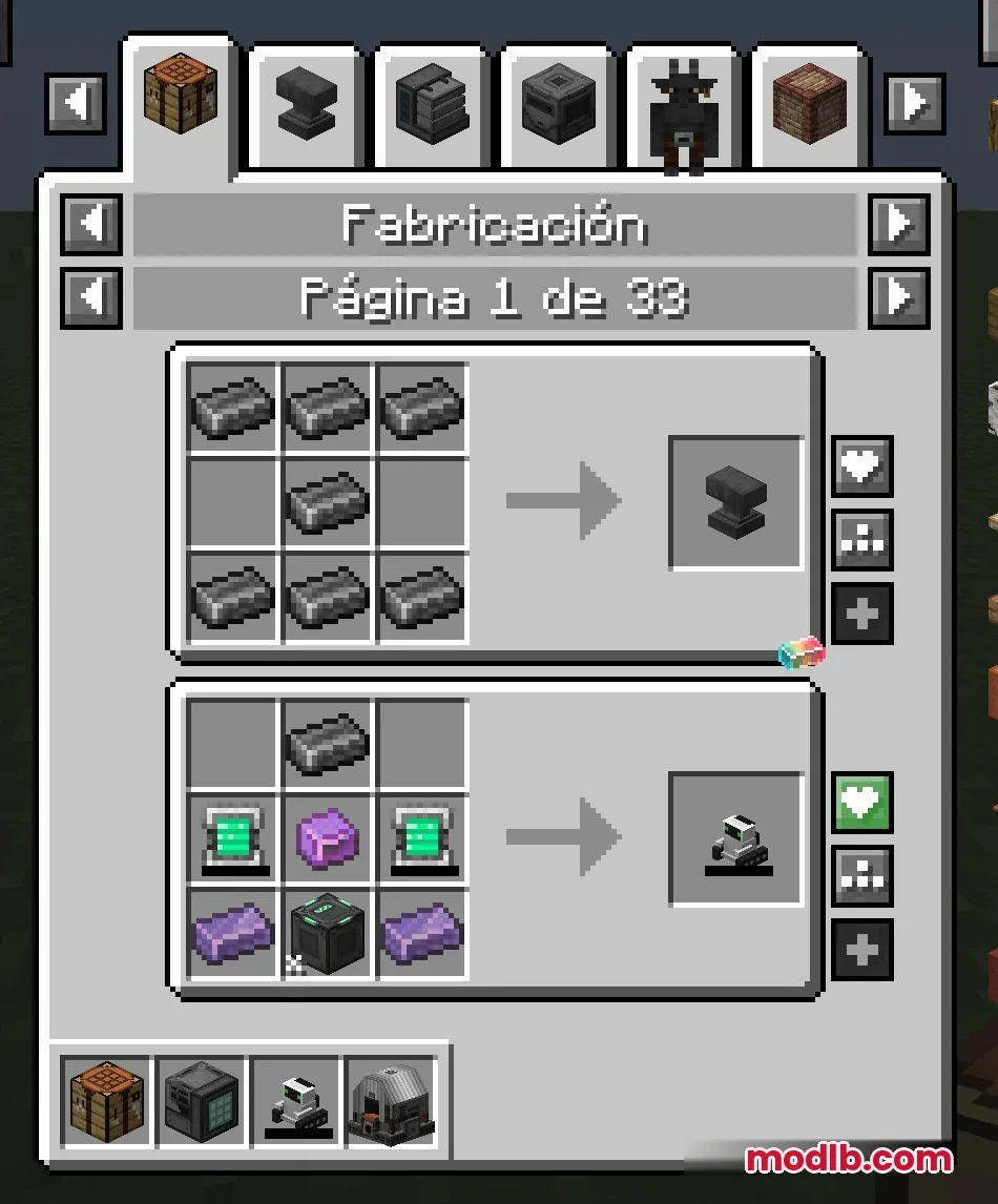 Minecraft interface showing custom crafting recipes for an anvil and machine