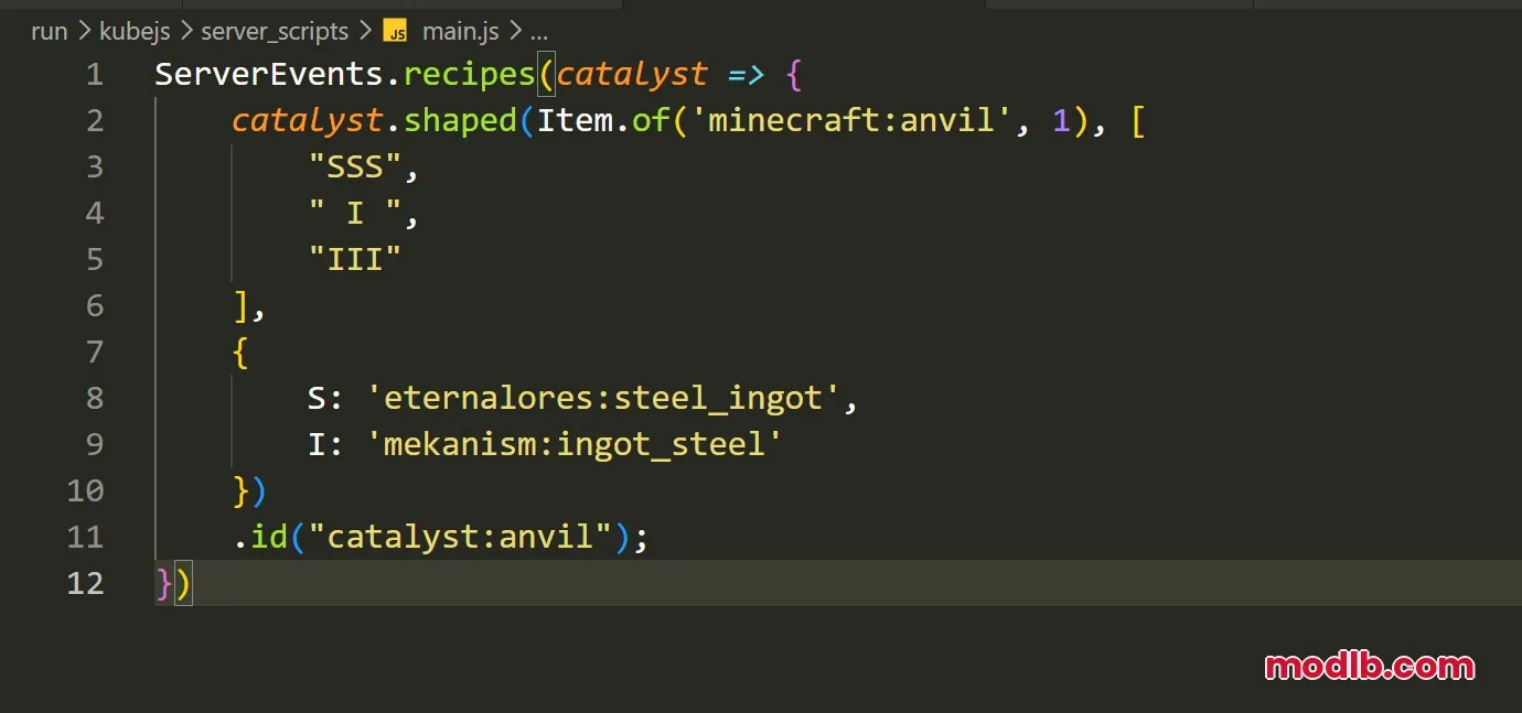 A code editor displaying a custom KubeJS script for an anvil recipe