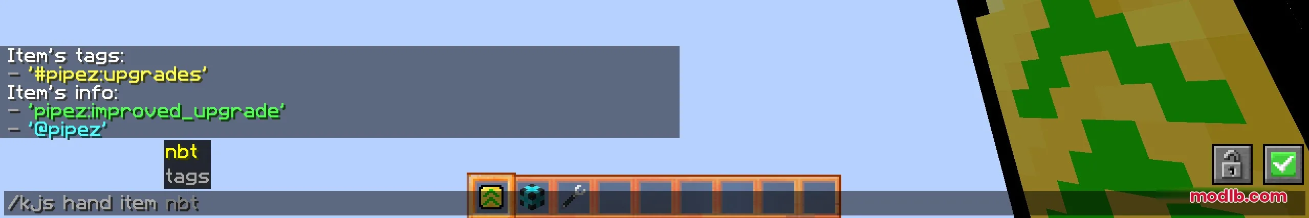 Player using a command to display item tags and NBT data
