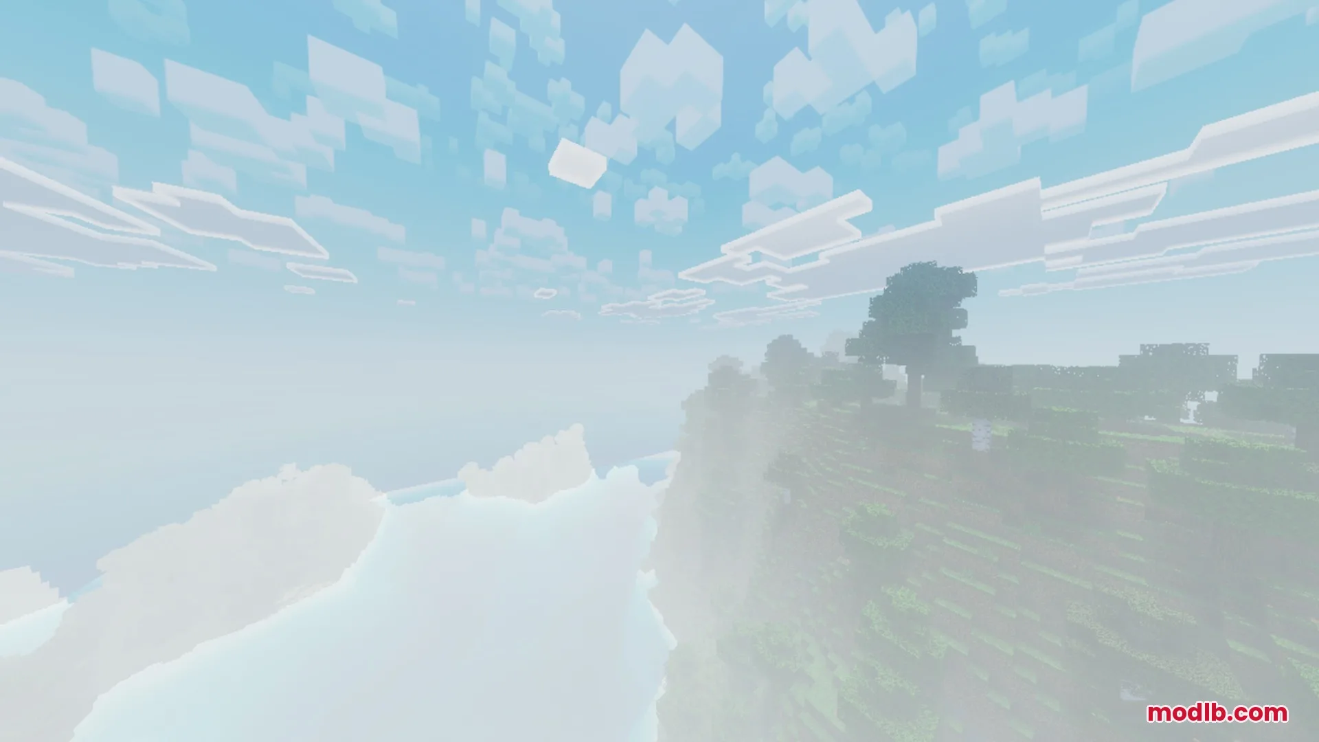 A misty cliffside view in Minecraft featuring realistic fog and blocky white clouds