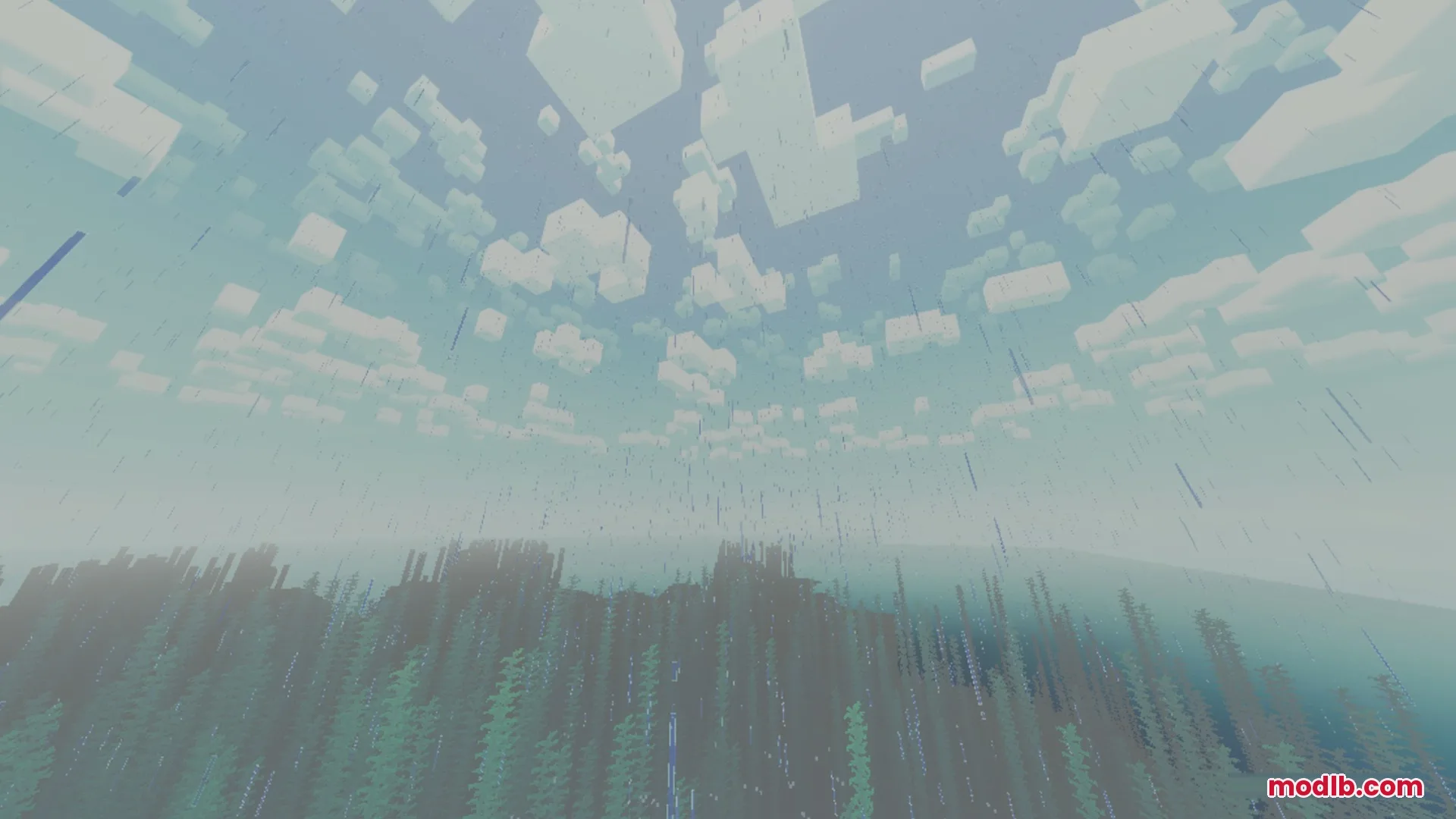 Rain falling over a misty forest biome under a cloudy Minecraft sky